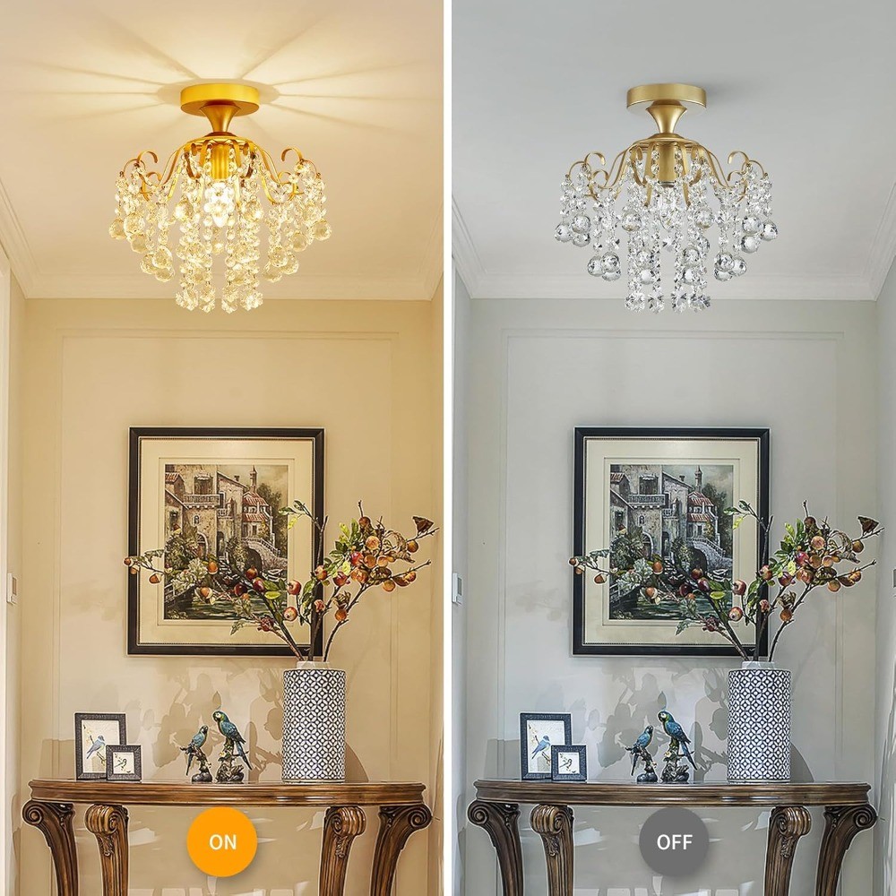 Gold Crystal Flush Mount Ceiling Light E26 Bedroom Bathroom Lamp