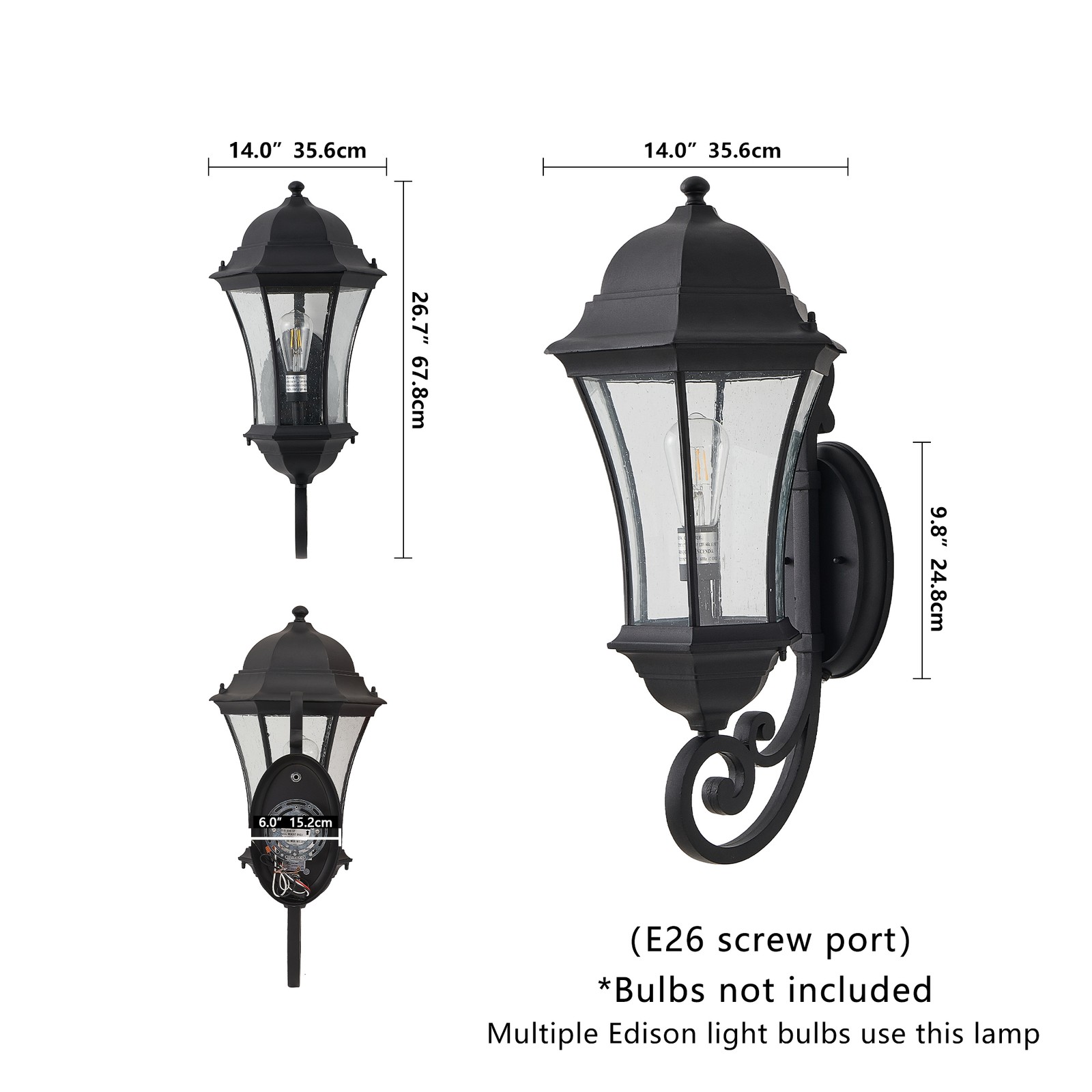 27″ Outdoor Large Wall Light Dusk to Dawn Black Aluminum Porch Sconce Fixture