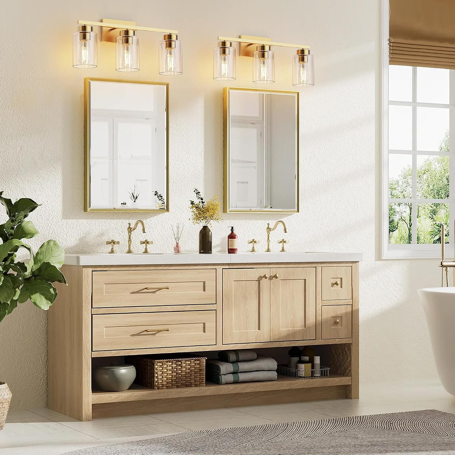 3-Light Bathroom Light Fixtures, Brushed Gold Vanity Light with Clear Glass Shad