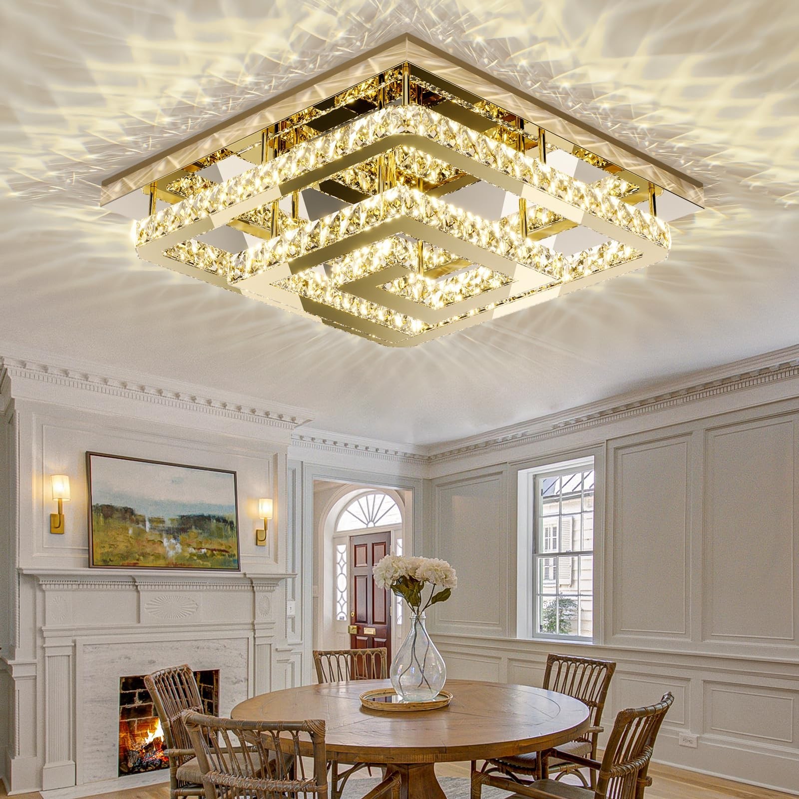 34″ Modern Gold Crystal Chandelier with Remote/App Control, Dimmable Flush Mo…