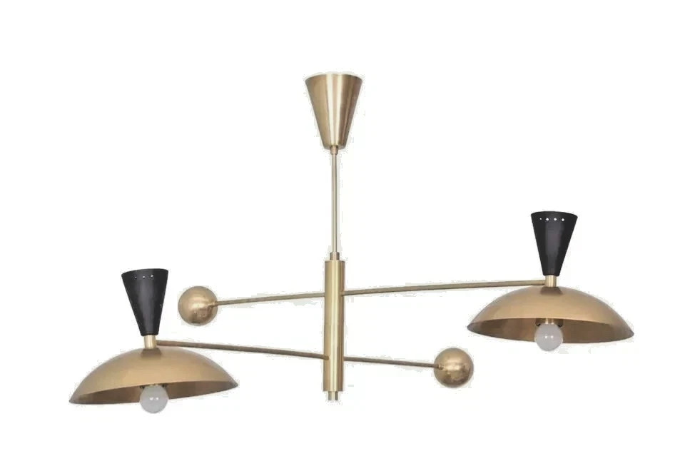 Mid Century Modern Raw Brass Sputnik chandelier 2 Dome Shade Hanging Pendant