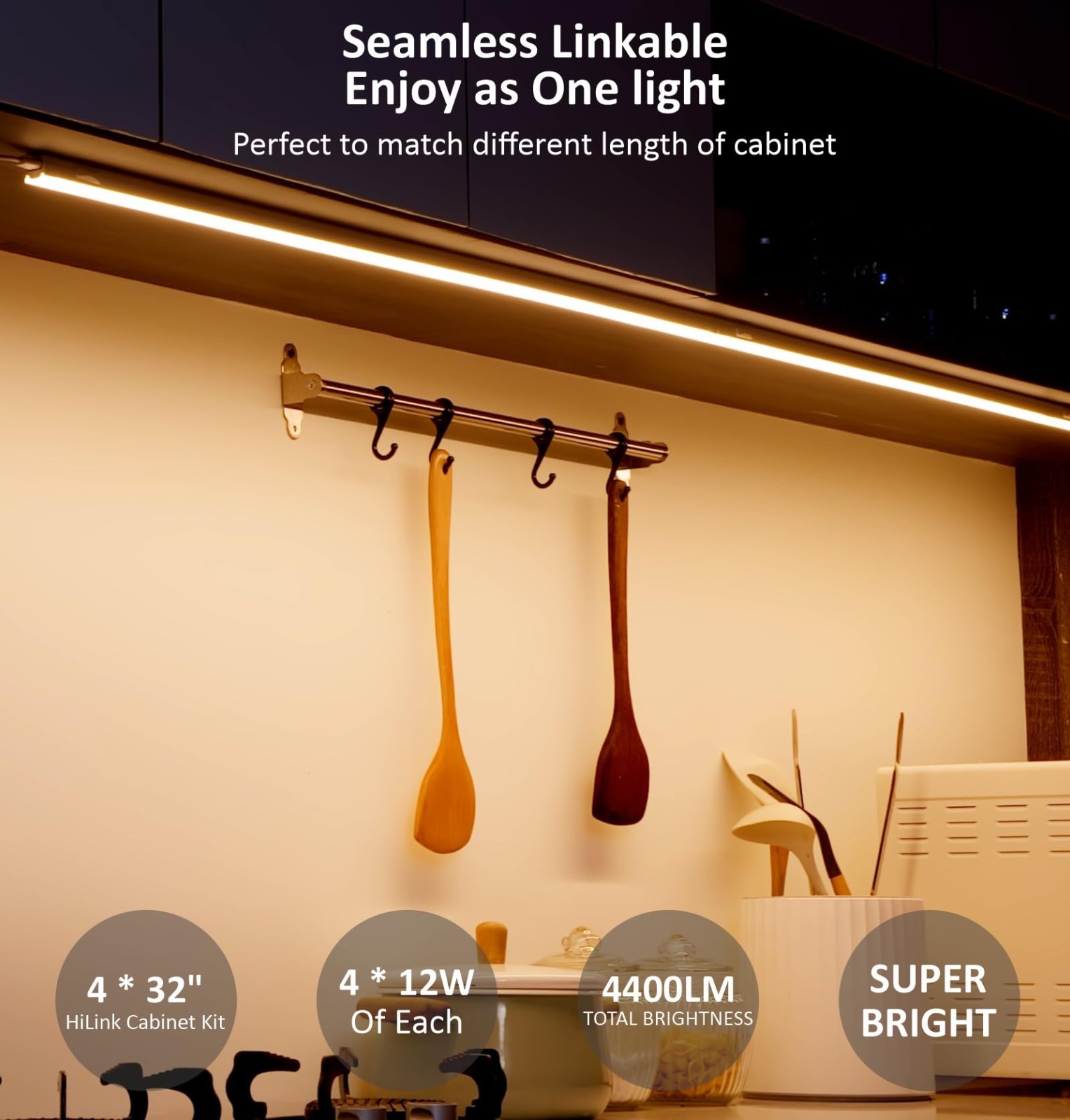 32 Inch LED Under Cabinet Lighting – 4 Pcs Linkable, 3CCT 3000K/4000K/5000K, Ult