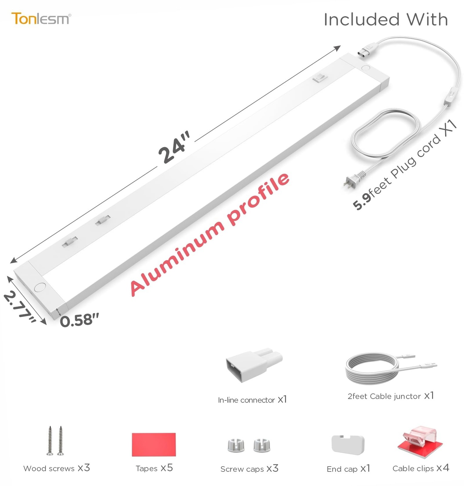 24 Inch Under Cabinet Lighting Plug in, 14W 120V 3 Color 3000K/4000K/5000K, 3…
