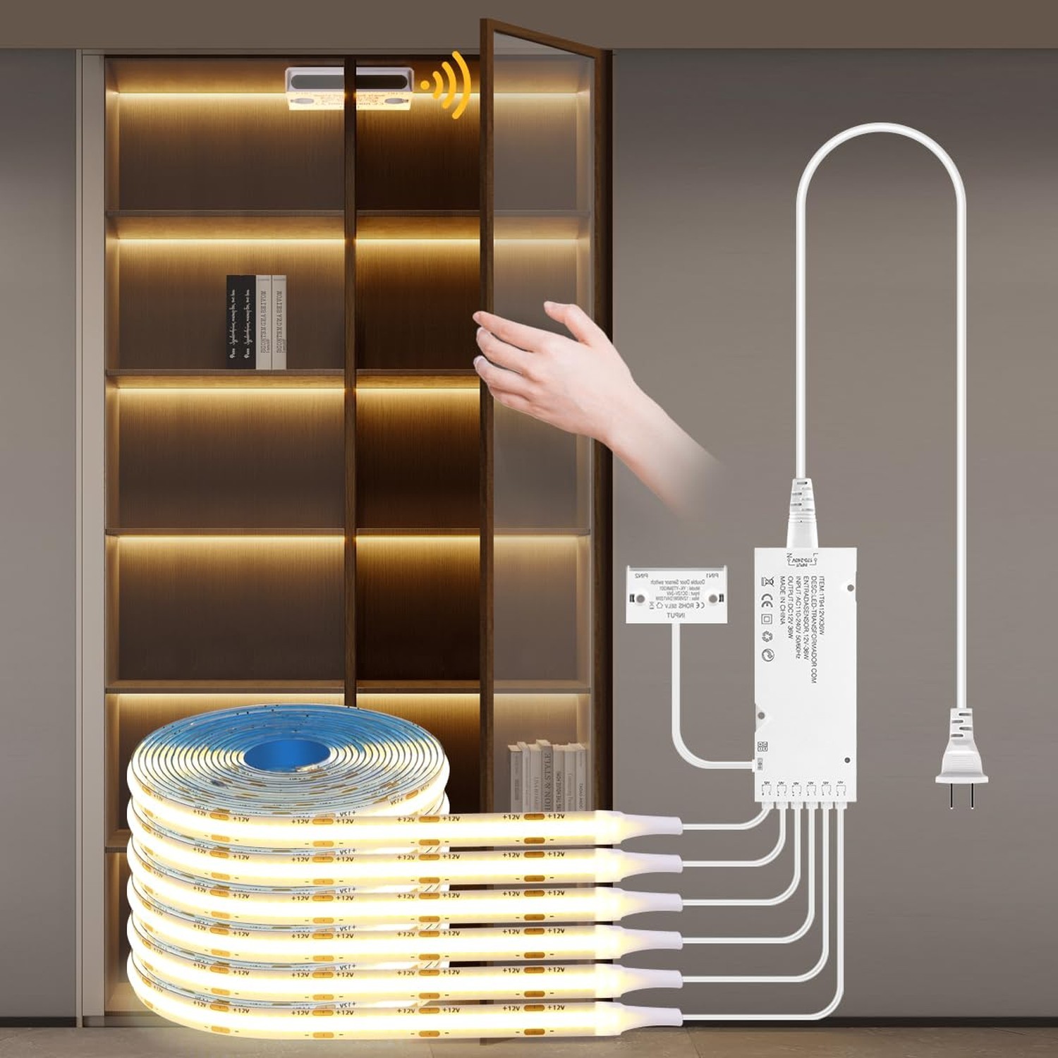 AIMENGTE Cabinet Light 12V 6-in-1 COB LED Strip Light with Dual-Door Sensor S…