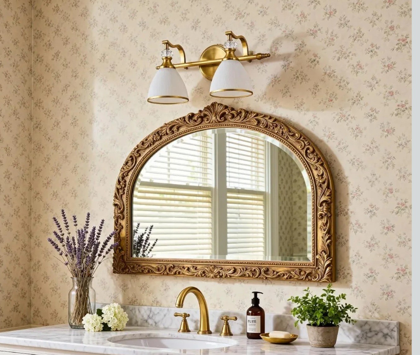 2-Light Brushed Gold Bathroom Ligh Vintage Bathroom Light with Milky White Bell
