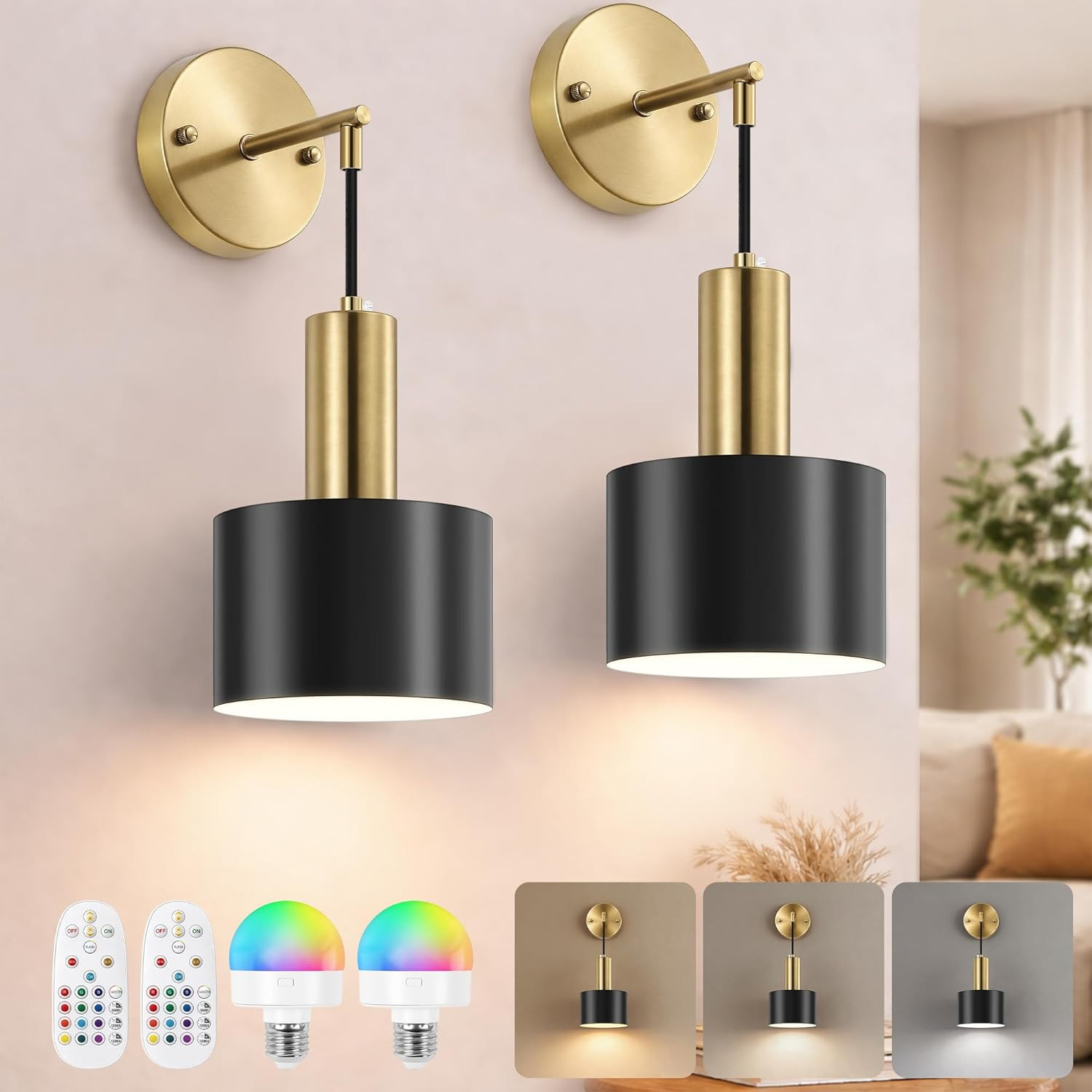 Rechargeable Black & Gold Wall Sconces Set of 2 with Remote & 15 Colors