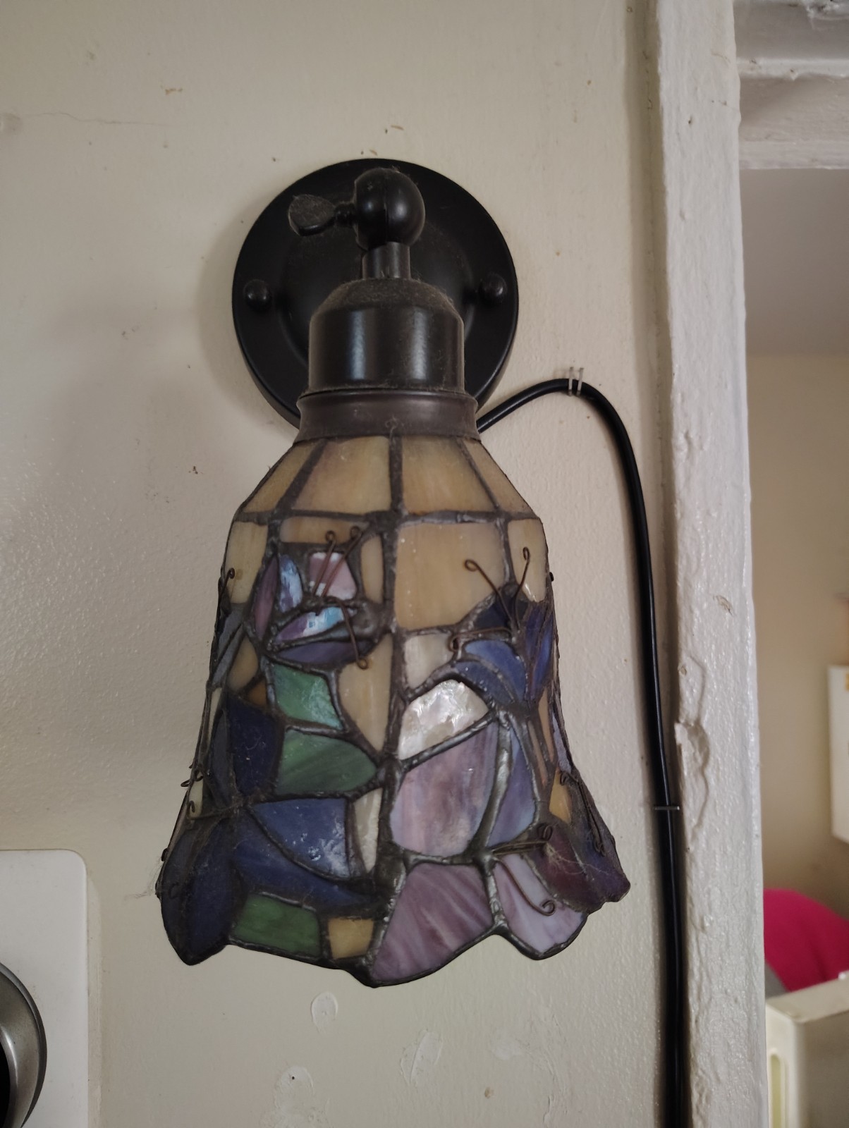 2 set Art Nouveau Stained Glass Wall Sconce, Multicolor Bell Shade, Black Finish