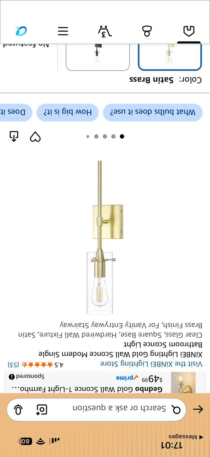 One XiNBEi Lighting Modern Wall Sconce Satin Brass Clear Glass E26 60W 20 in