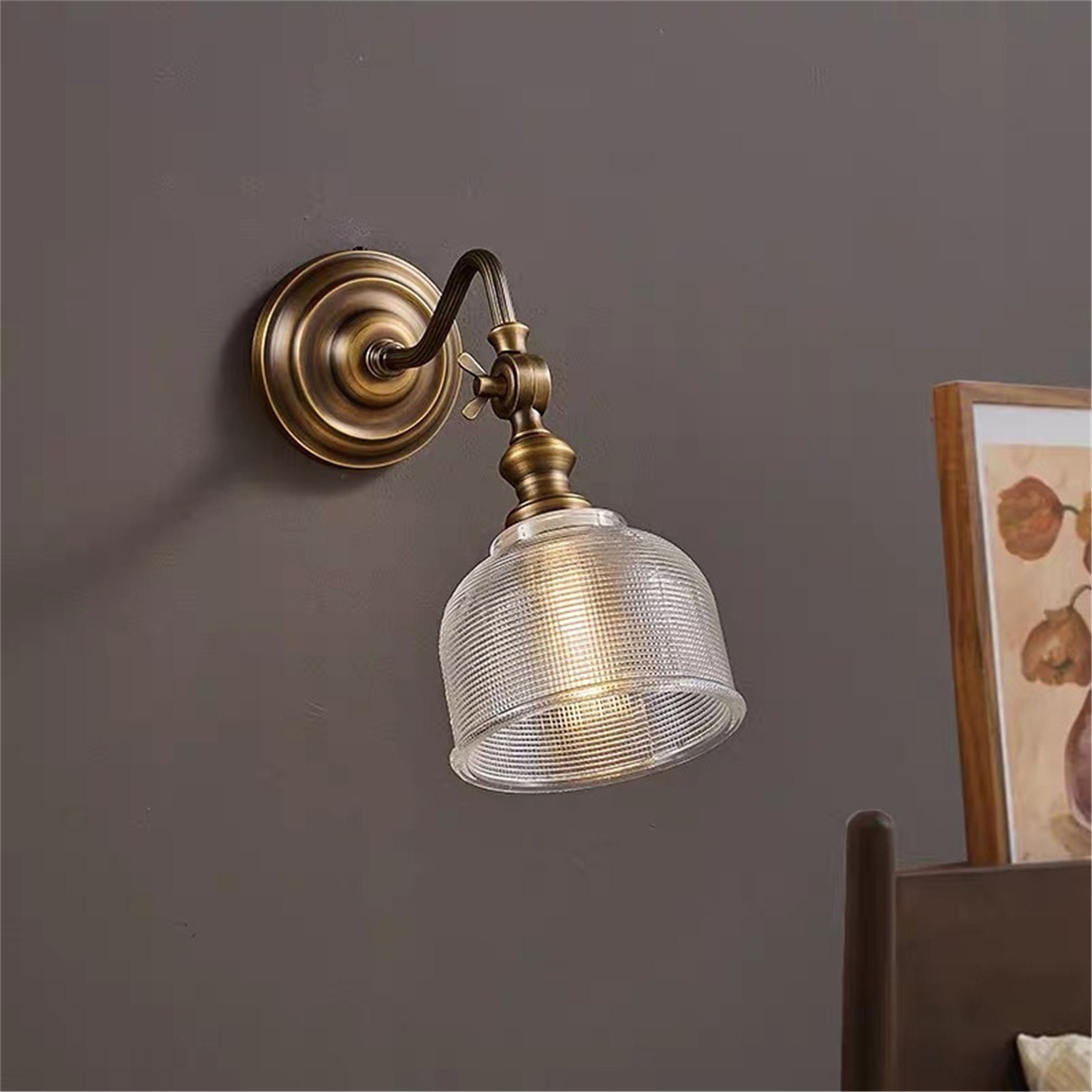 Adjustable Brass Wall Sconce, Ribbed Glass Shade, E14 LED Vintage Wall Lamp