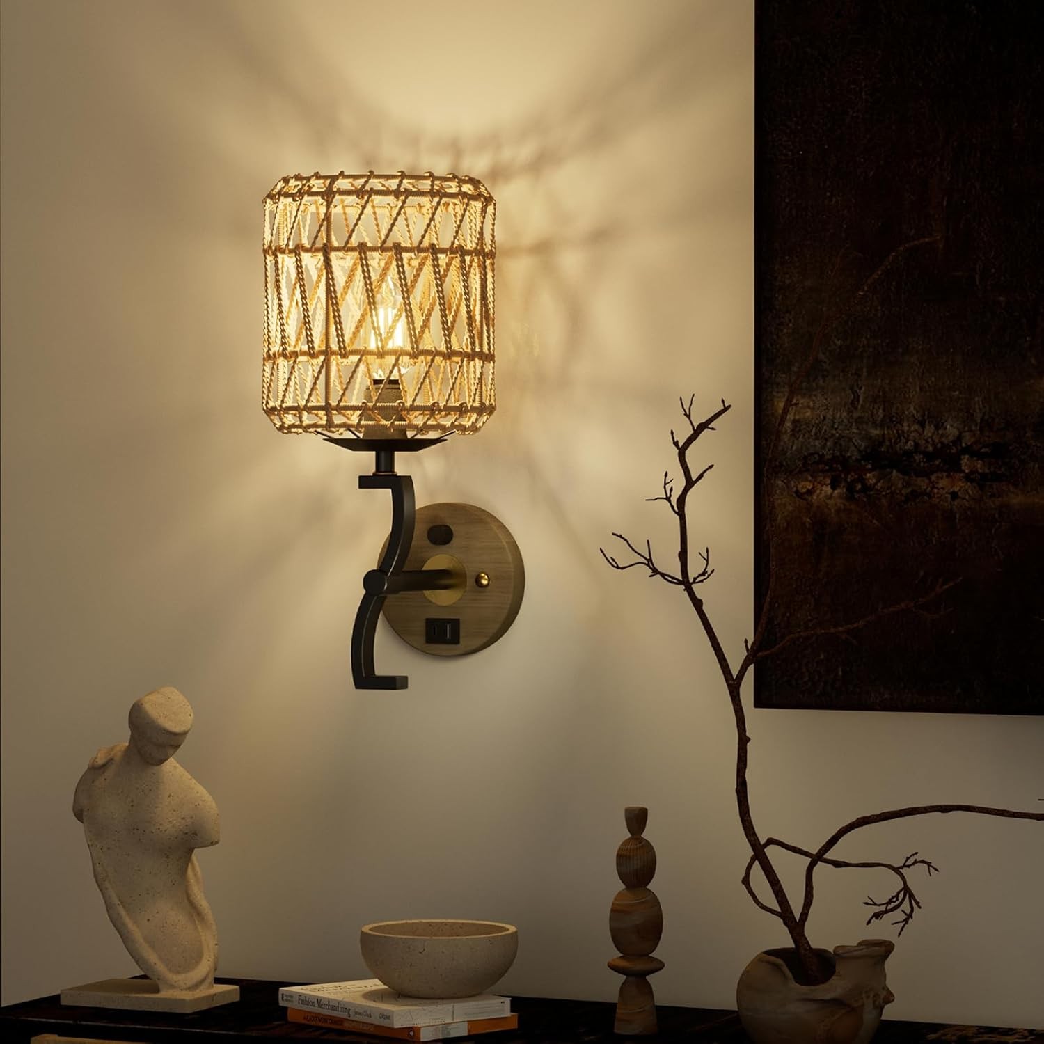 HYMELA Rattan Wall Sconce Boho Farmhouse Rustic Accent Light Fixture 54303d67