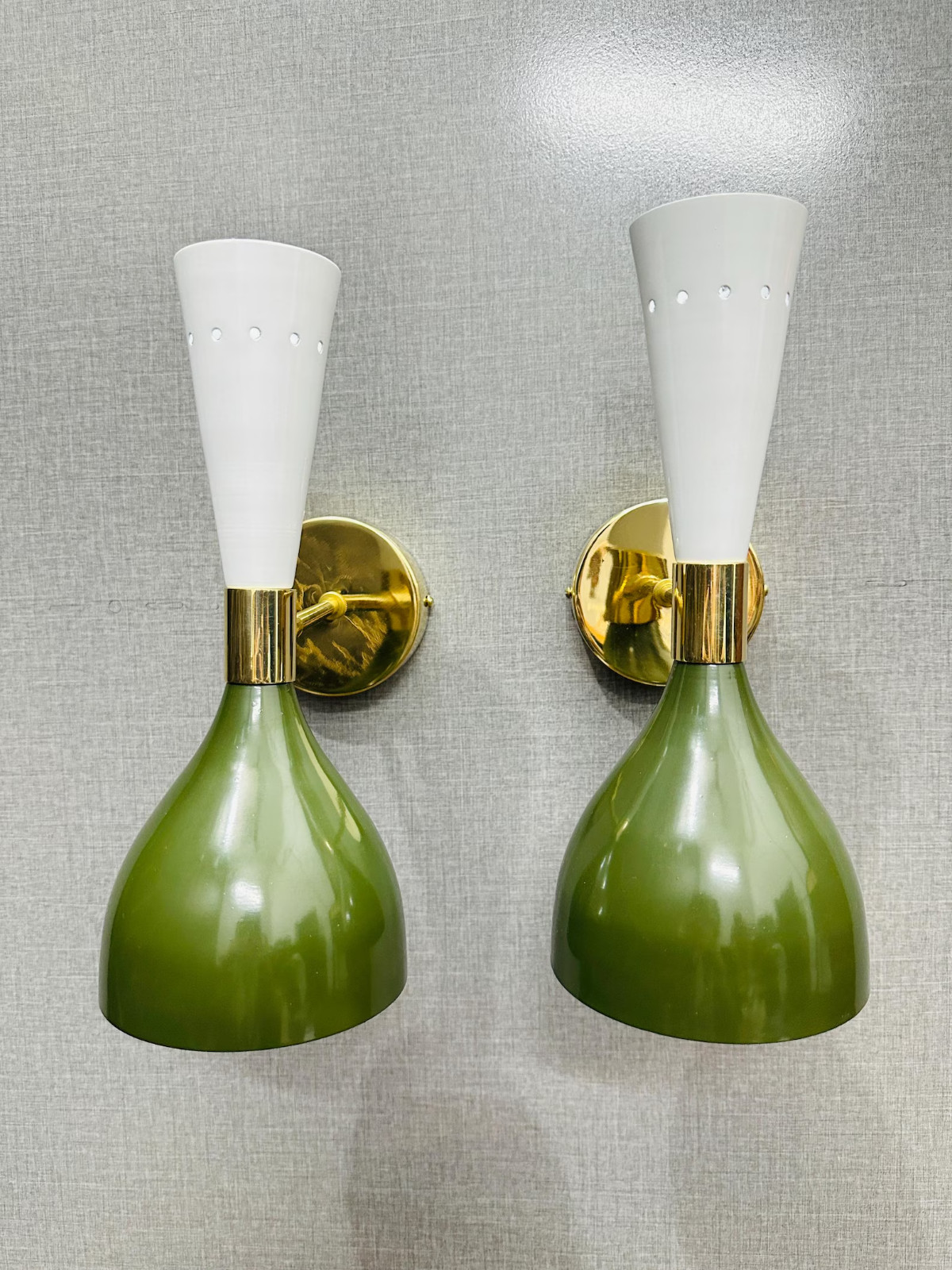 Handmade Brass Double Cone Wall Sconces Green & White Vanity Light Pair