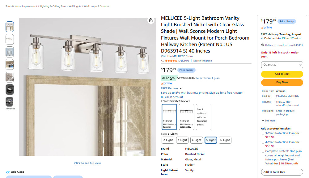 MELUCEE 5-Light Bathroom Vanity Light Brushed Nickel Clear Glass B07ZKHL9LT