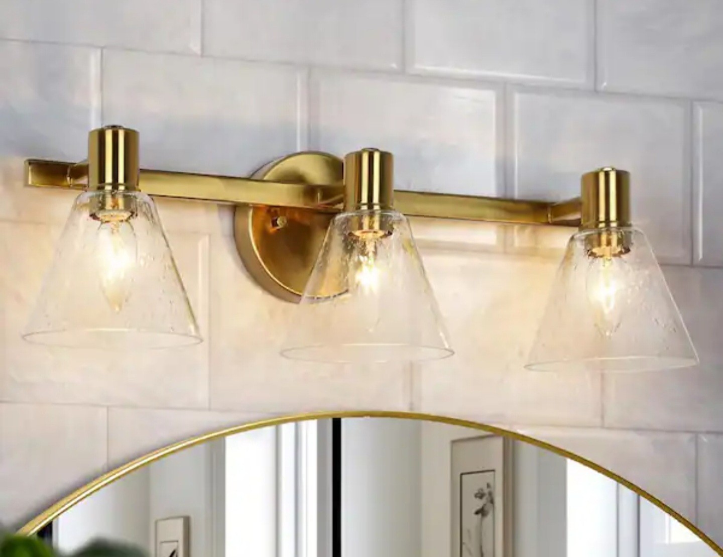 Modern 21.5in W 3Light Plated Natural Brass Vanity Light Bell Clear Seeded Glass