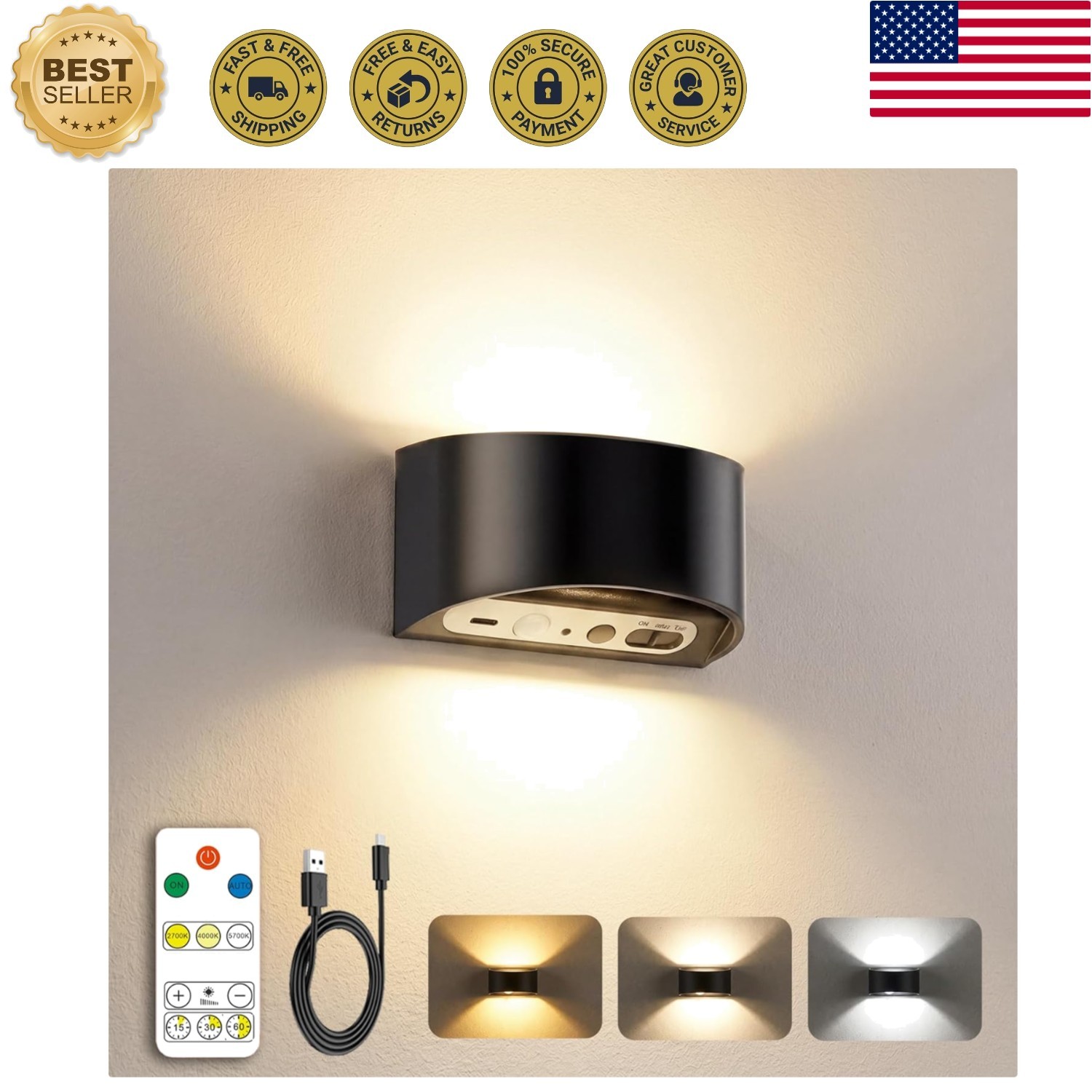 Motion Sensor Wall Light with Remote Control 3 Colors Wireless Wall Lamp LED …