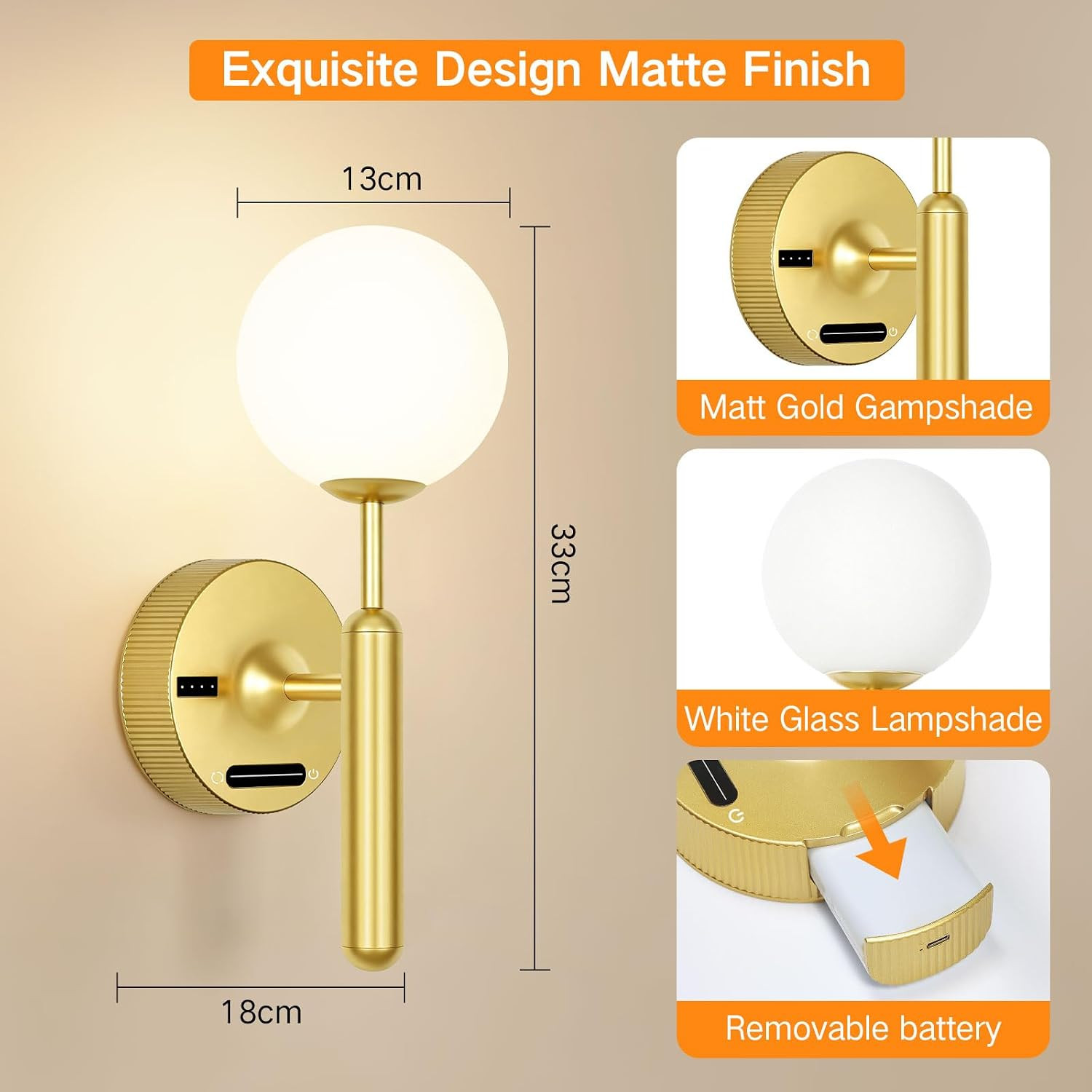 Gold Wireless Wall Sconce with Remote, Dimmable & Rechargeable 8000mAh Battery
