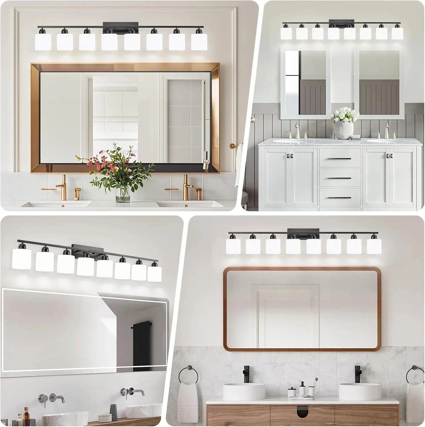 Black Bathroom Vanity Light Fixture with Frosted Glass Shades 51-Inch 8-Light