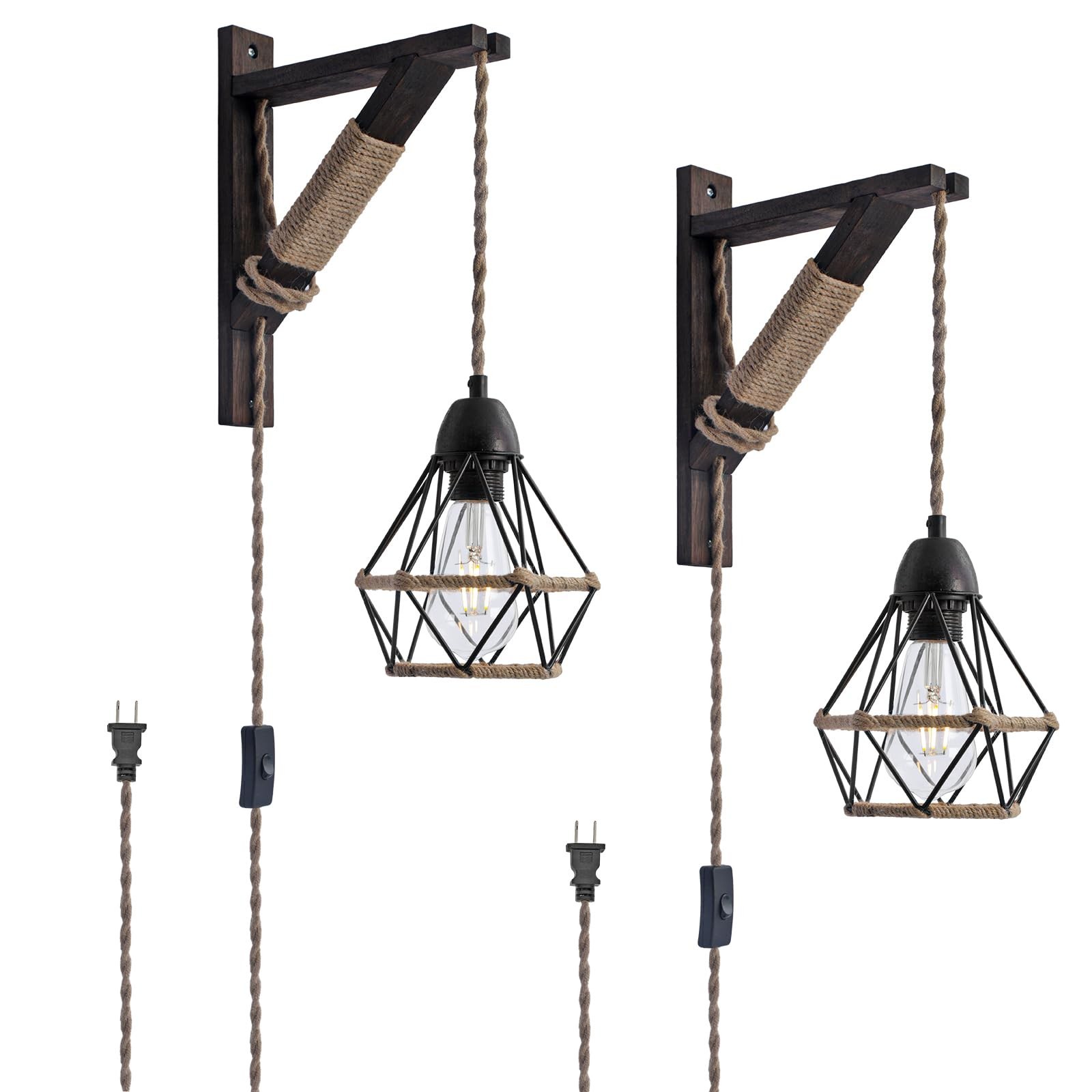 SEEBLEN Plug in Wall Light Sconce Set of 2 Farmhouse Industrial Metal Cage