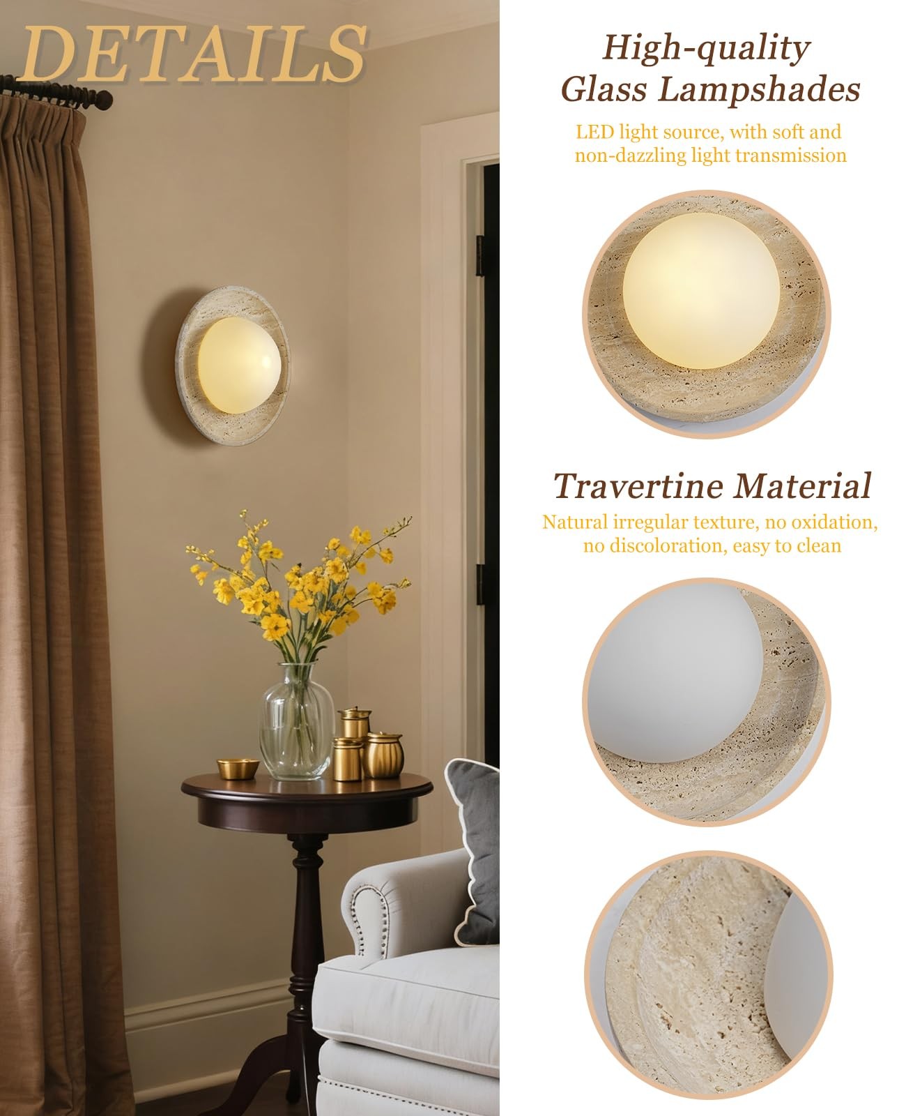 Yellow Travertine Wall Sconce 9.8″ Natural Retro Stone Wall Sconces with Roun…