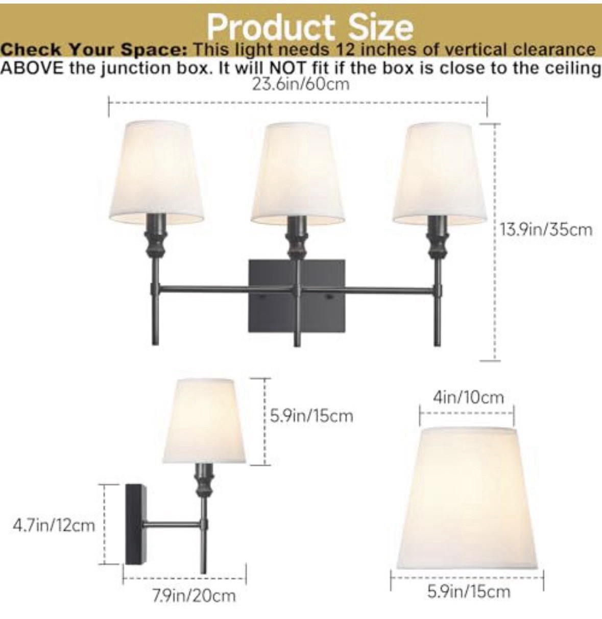 3 LIGHT BLACK BATHROOM VANITY LIGHT WHITE FABRIC SHADES WALL SCONCE NEW