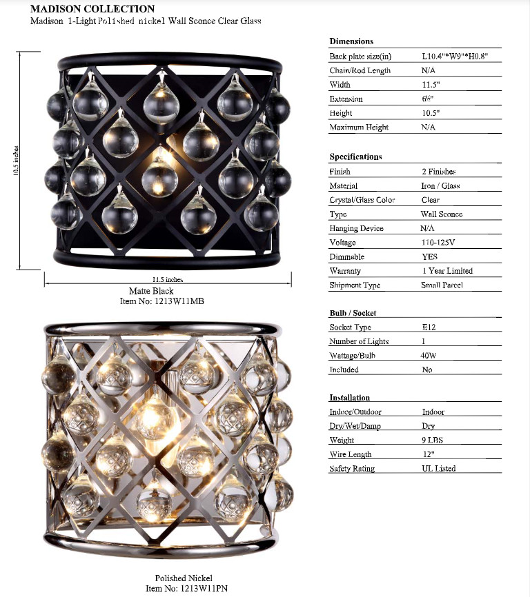 Wall Sconce Light Fixture Polished Nickel Smooth Crystal Balls Bedroom Bathroom