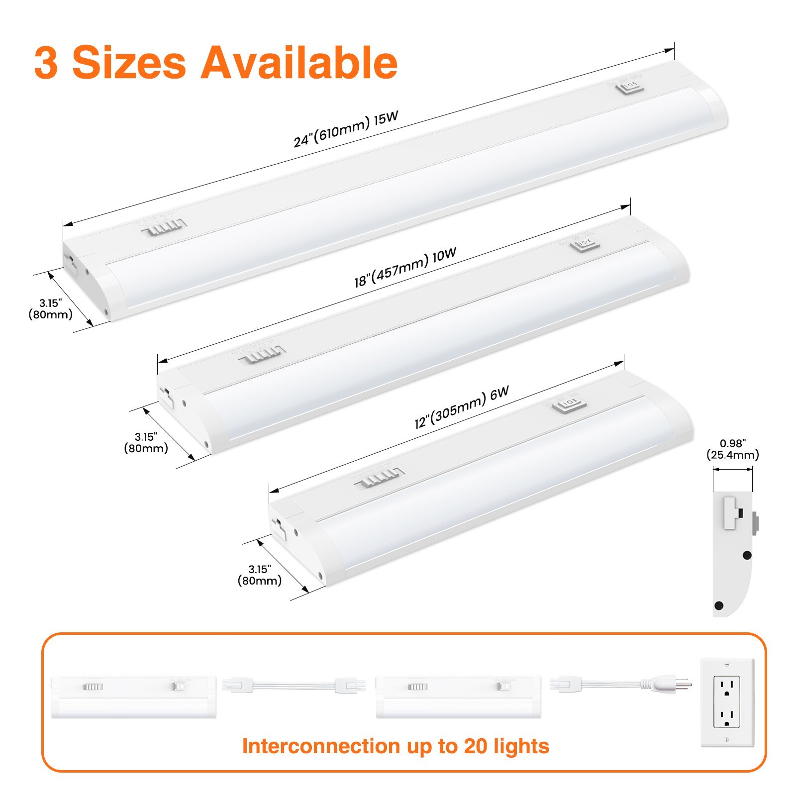 LED 12»/18»/24» Under Cabinet Closet Light Hardwired Kitchen Lamp Linkable