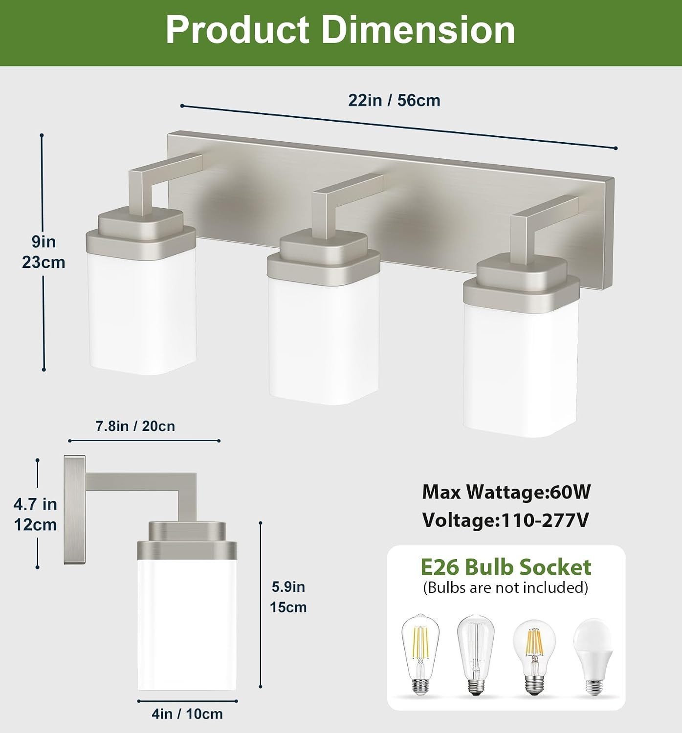 Brushed Nickel Bathroom Light Fixtures, Modern Vanity Lights with White Glass La