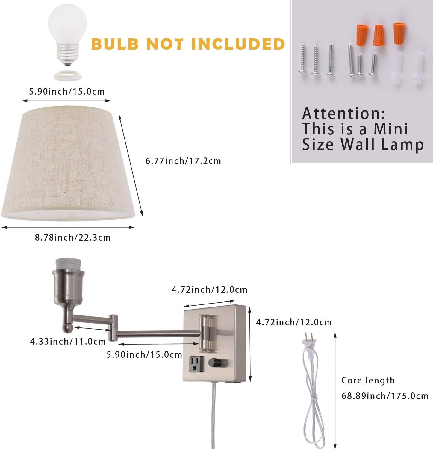 Affsure Bedside Wall Mount Light Dimmable Switch Outlet Swing Arm Fabric Shade