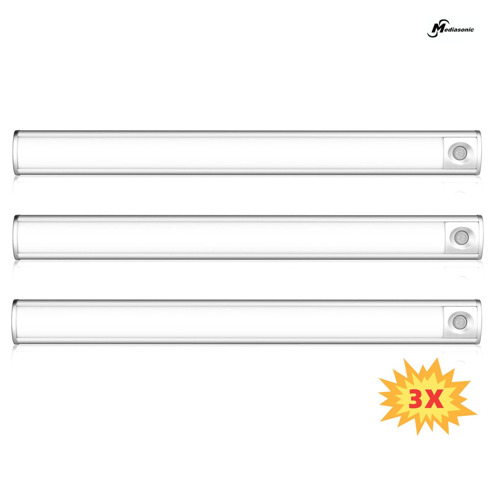3PK Motion Sensor LED Light Bar Aluminum 6500K 17 inch Cabinet Closet Kitchen