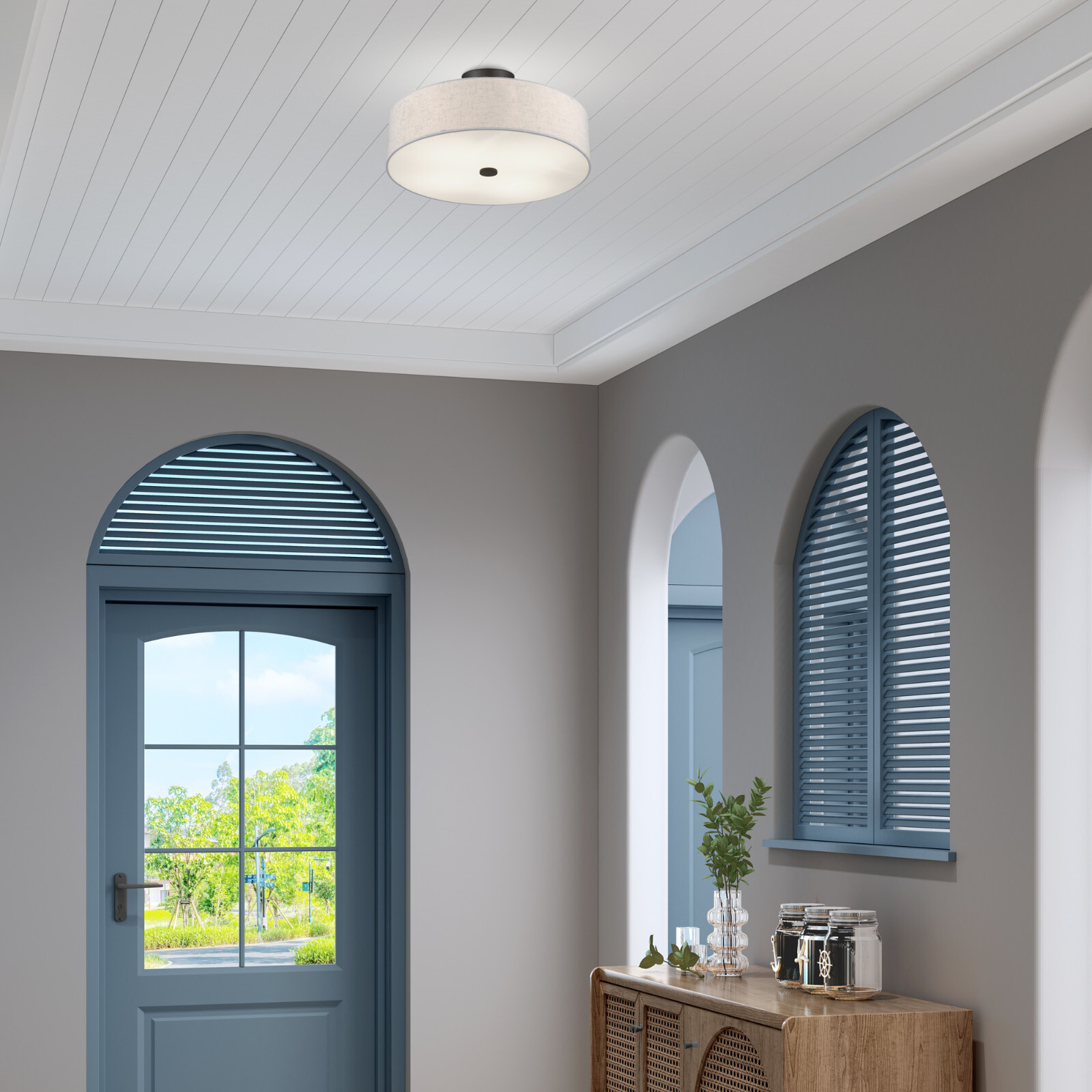 Elevate any room with this semi-flush mount & oatmeal fabric drum shade.