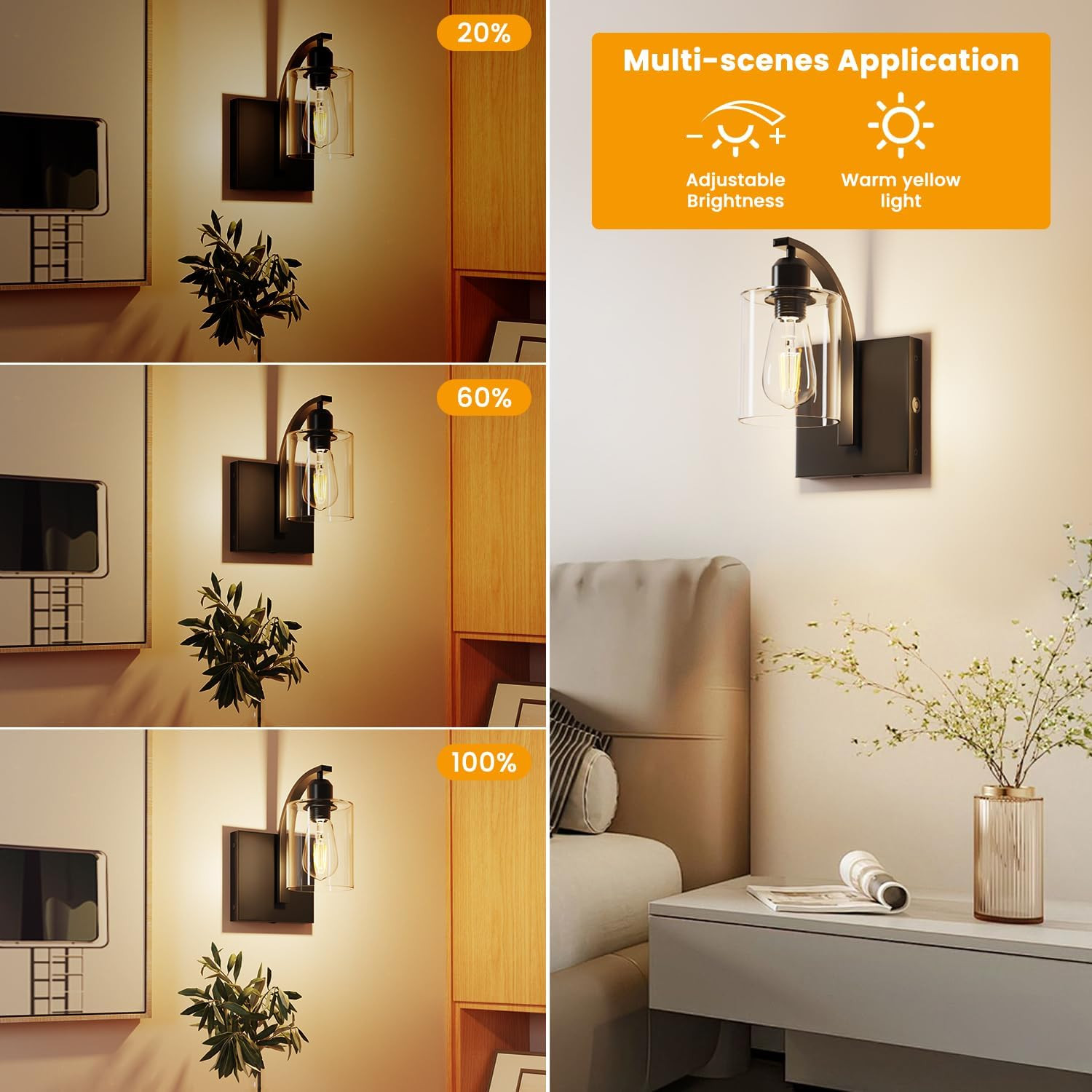Rechargeable Battery-Powered Wall Sconces Set of 2 – Matte Black & Glass