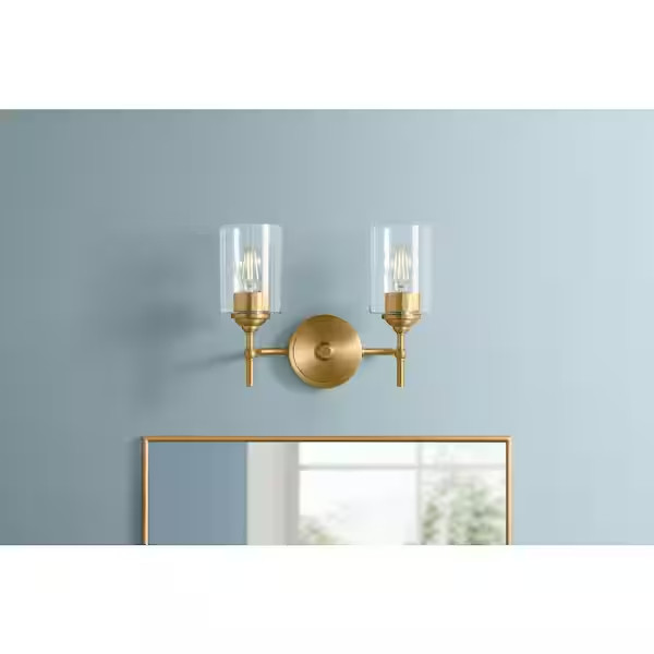 Matte Brass Clear Glass 13 in 2-Light Bathroom Vanity Light