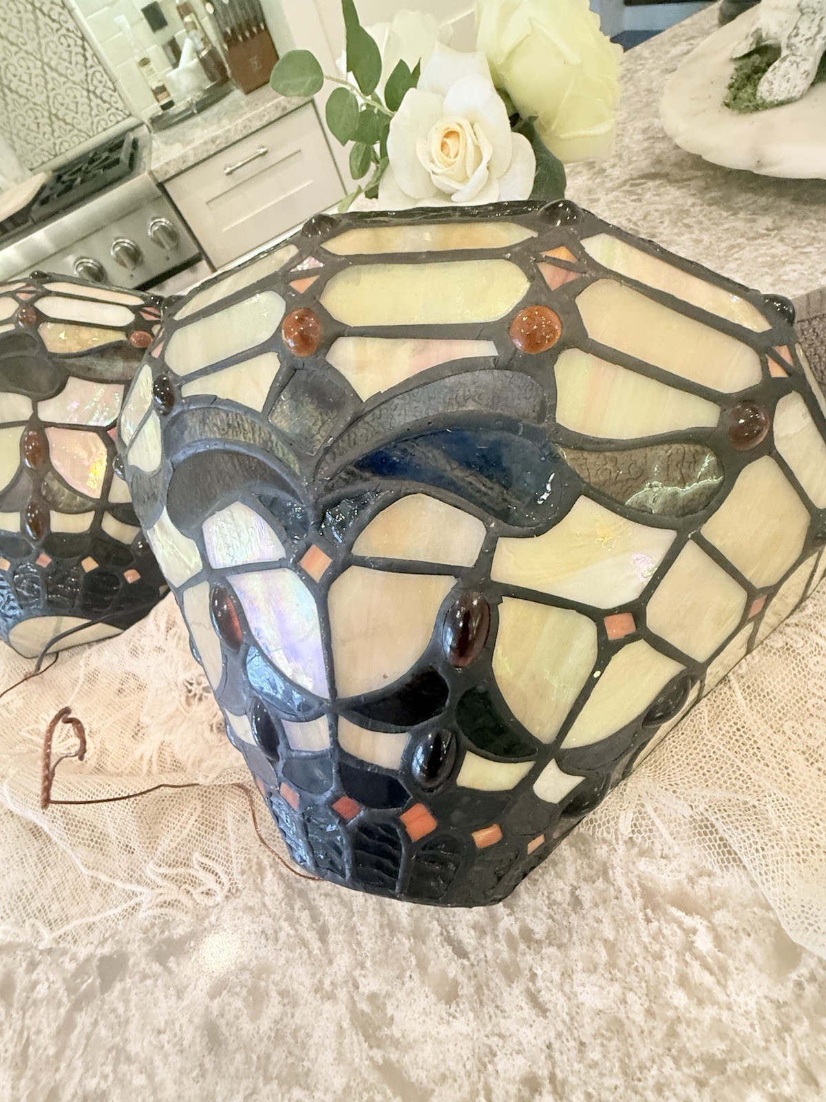 Pair Vtg Stained Glass Wall Sconce Light Lamp Fixture Tiffany Style Hard Wire