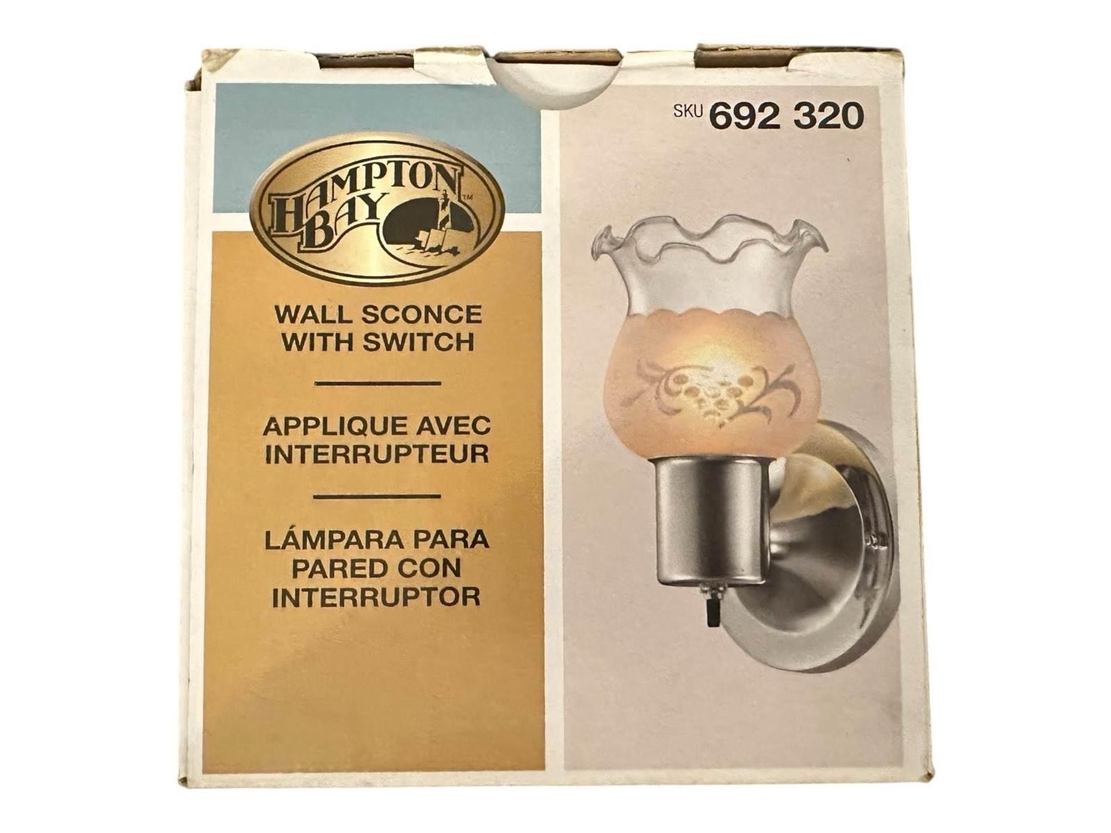Hampton Bay~ 1-Light, Silver~ Wall Sconce~Frosted Glass Shade~Rotary Switch~NEW!