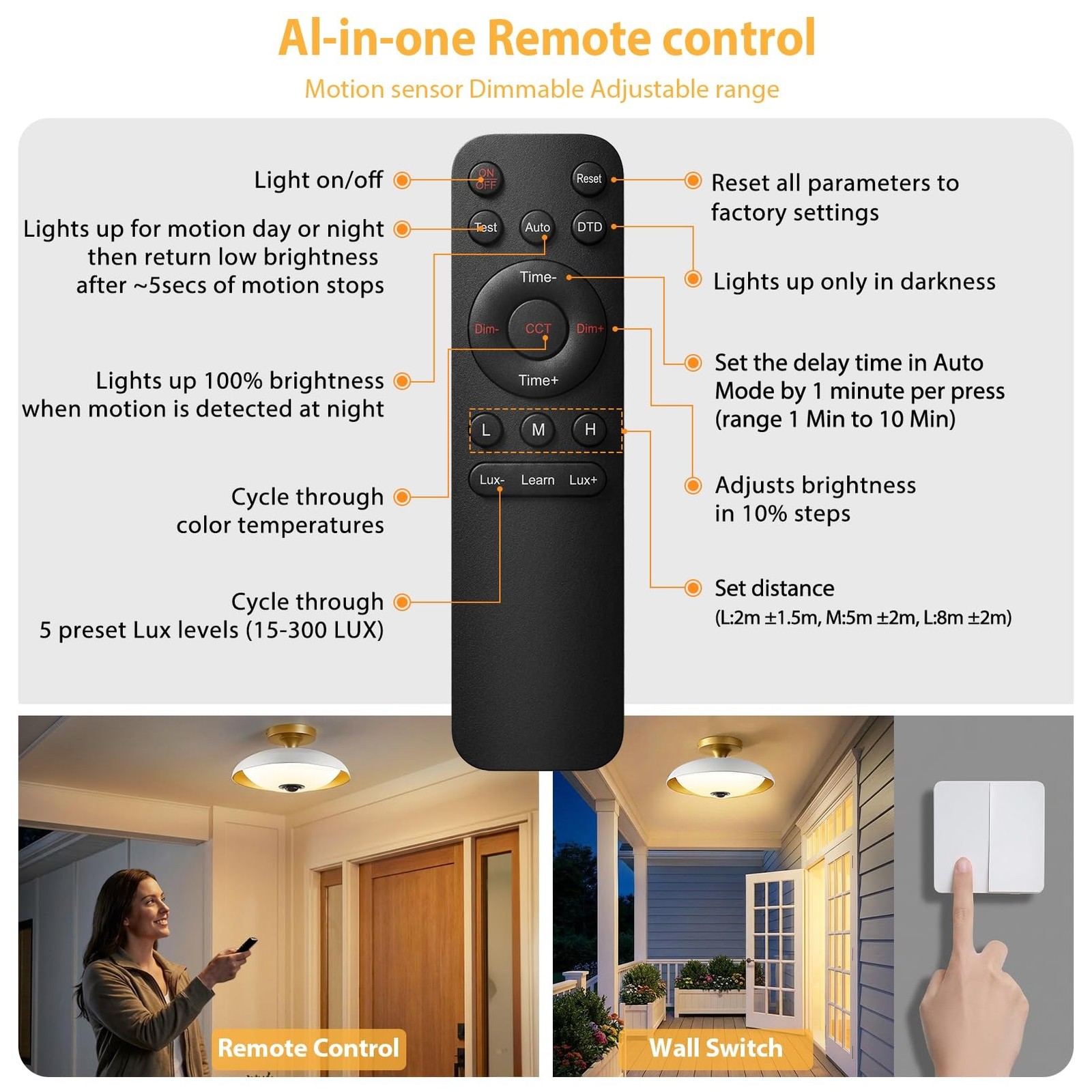 Outdoor Motion Sensor Ceiling Light with Remote, 24W Dimmable 2700K/3000K/350…