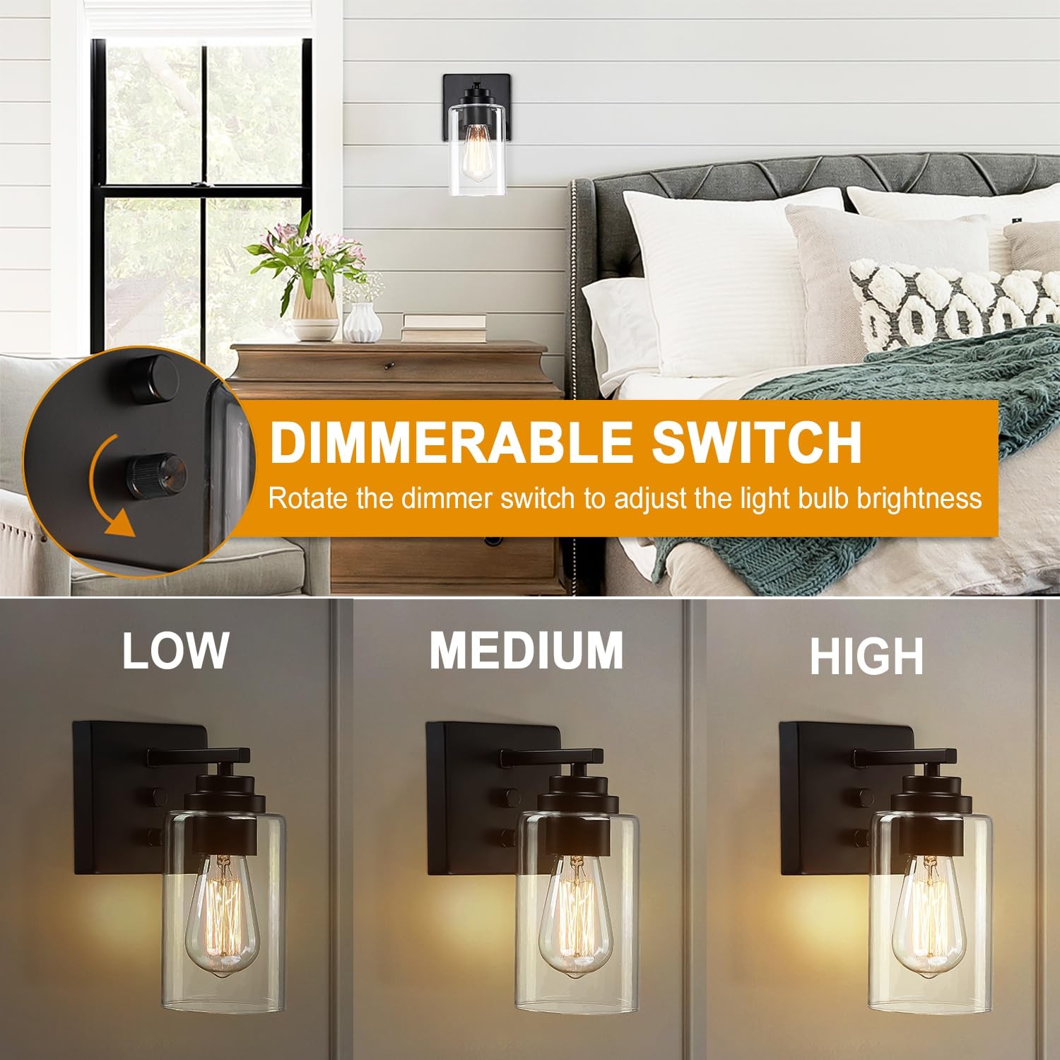 Wall Sconces Set of Two, Bedside Wall Lamps with Rotary Switch for Bedroom, M…