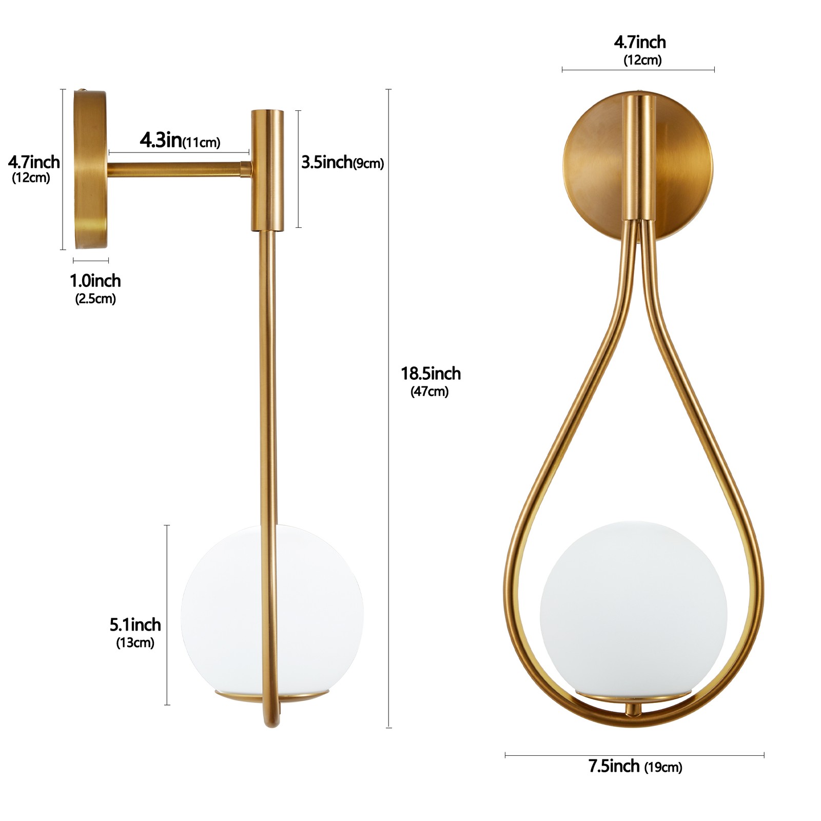 Modern 2 Pack 19» indoor Wall Sconce Light Gold w Glass Globe Bedroom Fixture