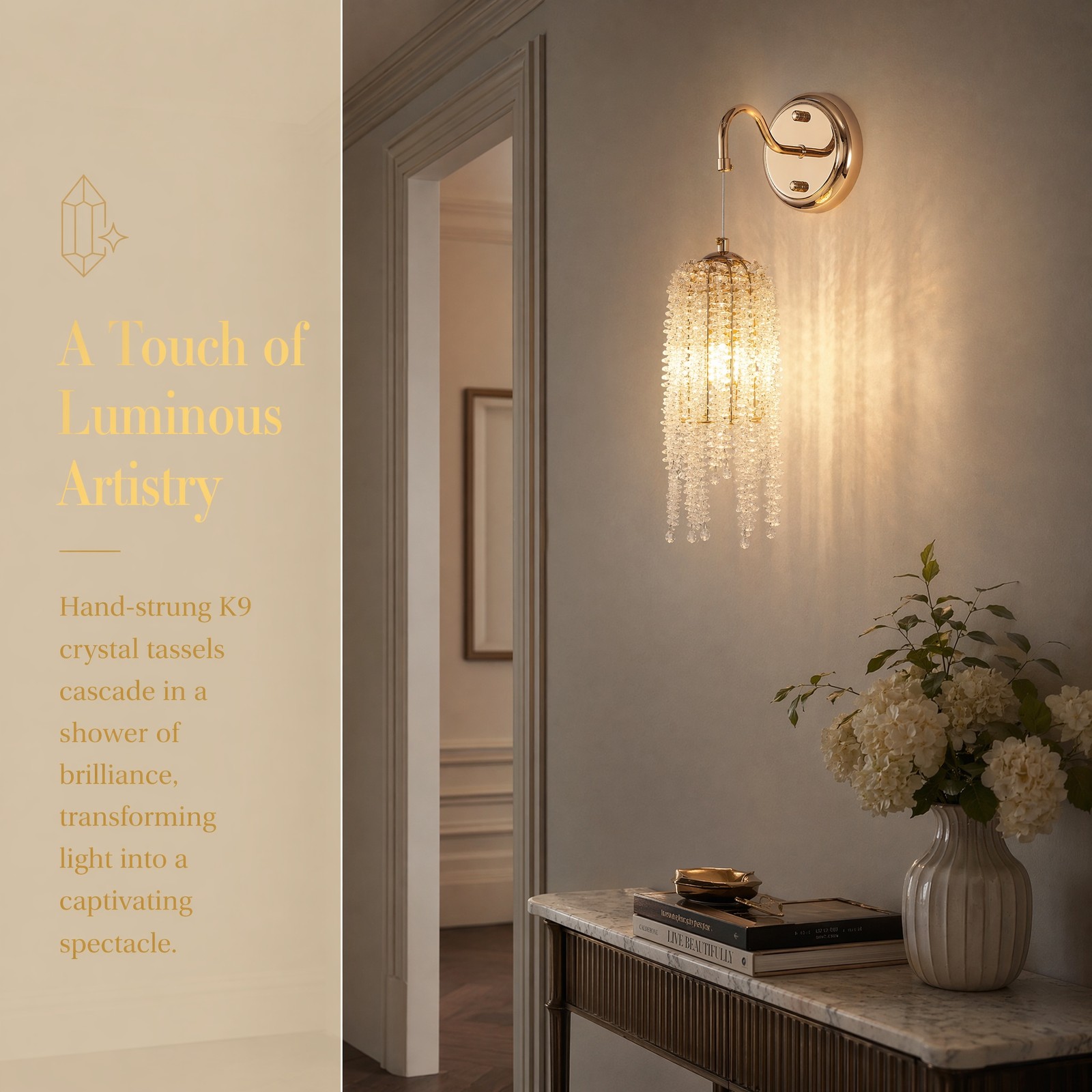 2 Pack 17 inch Gold Raindrop Crystal LED Wall Light Indoor Luxury Sconce Fixture