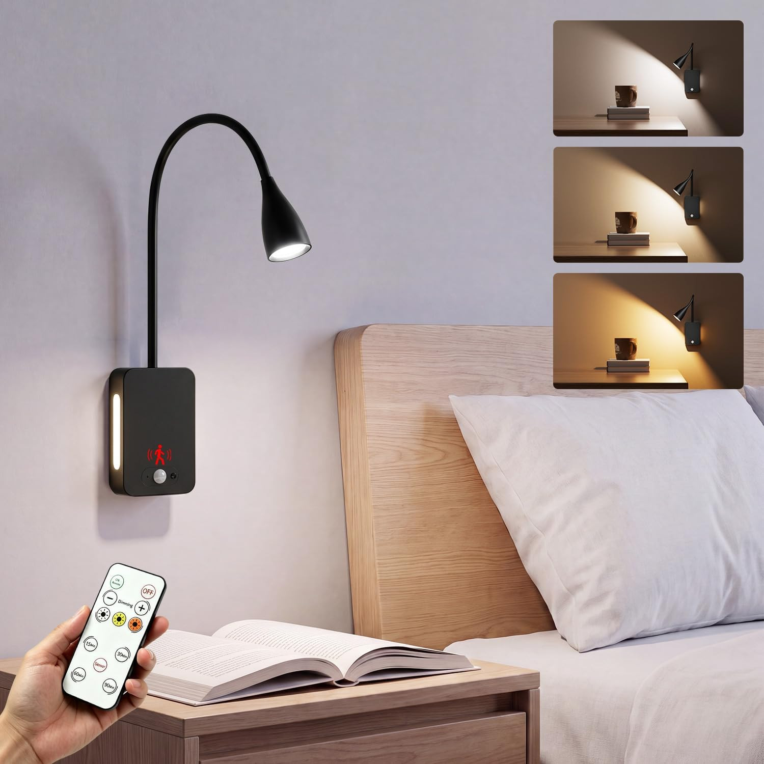 LED Wall Mounted Reading Light,4000Mah Bedside Wall Lamp with Remote Control & M