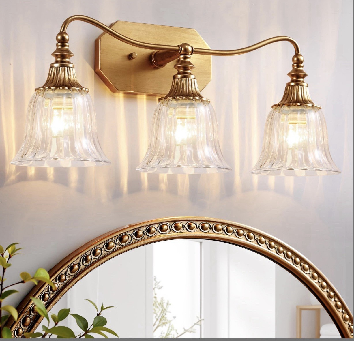 3-Light Vintage Gold Vanity Wall Light, Clear Bell Glass Shades, E26, 22.4 in