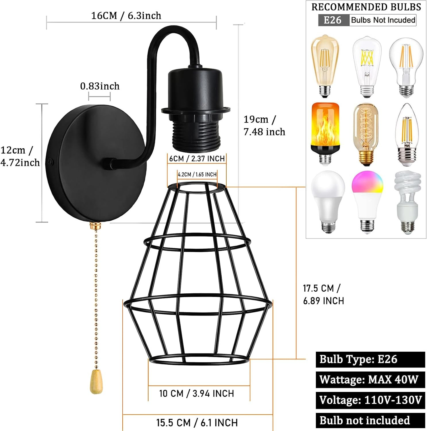 Pull Chain Wall Sconce Black Wire Cage Lamp Shade | Hardwire Wall Light Fixture