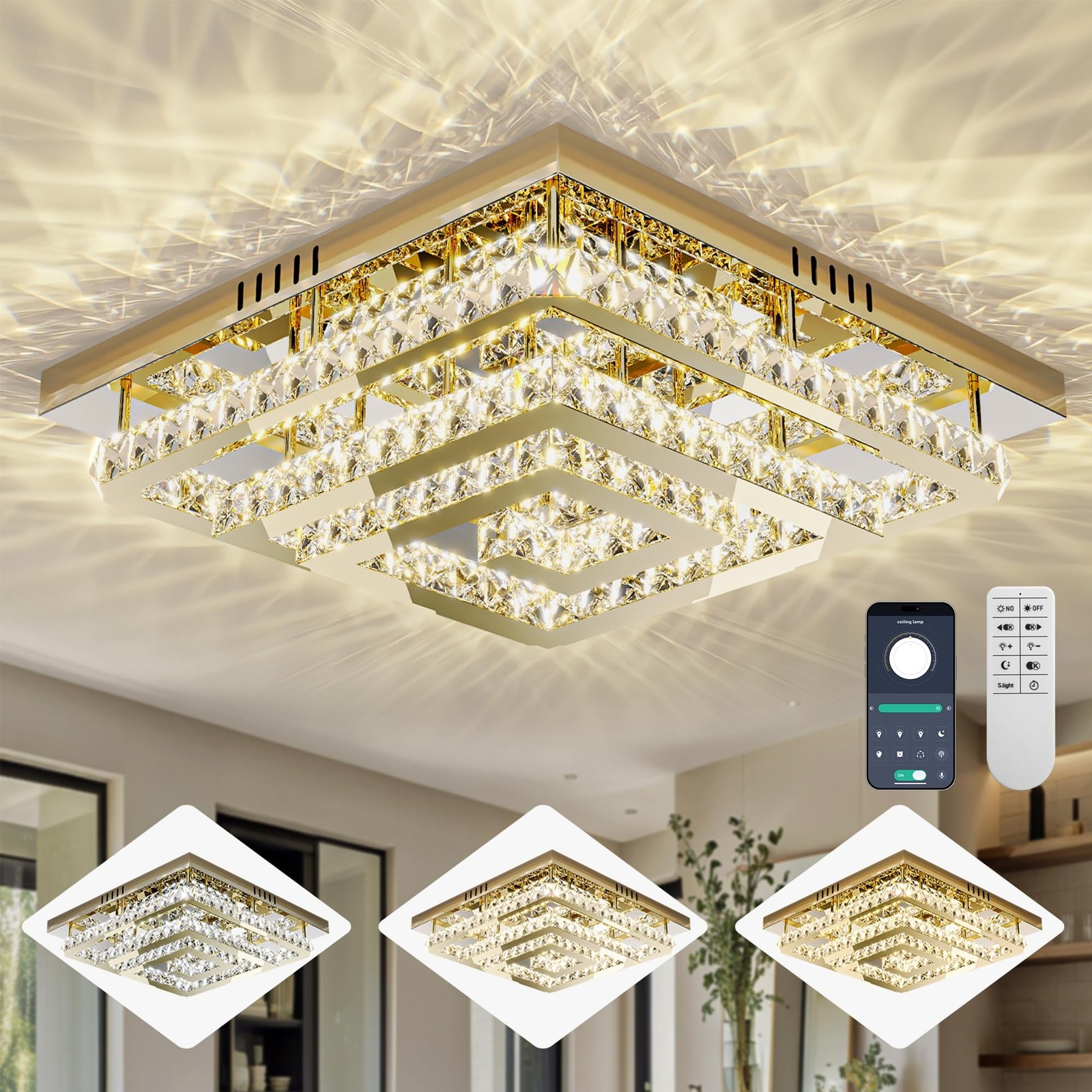34″ Modern Gold Crystal Chandelier with Remote/App Control, Dimmable Flush Mo…