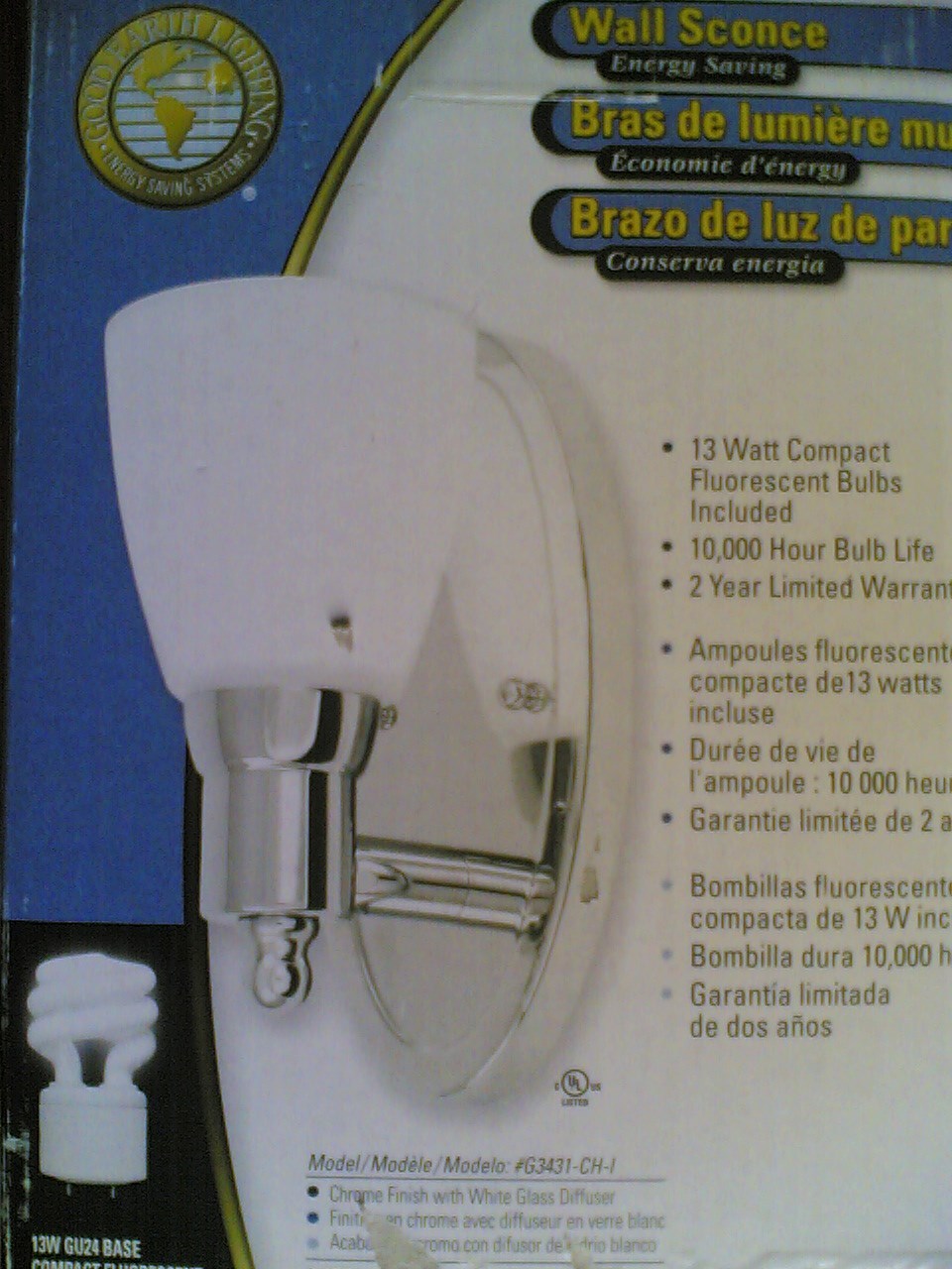 NIB Nice 1-Lite Energy-Efficient Fluorescent SCONCE Wall LIGHT (chrome)