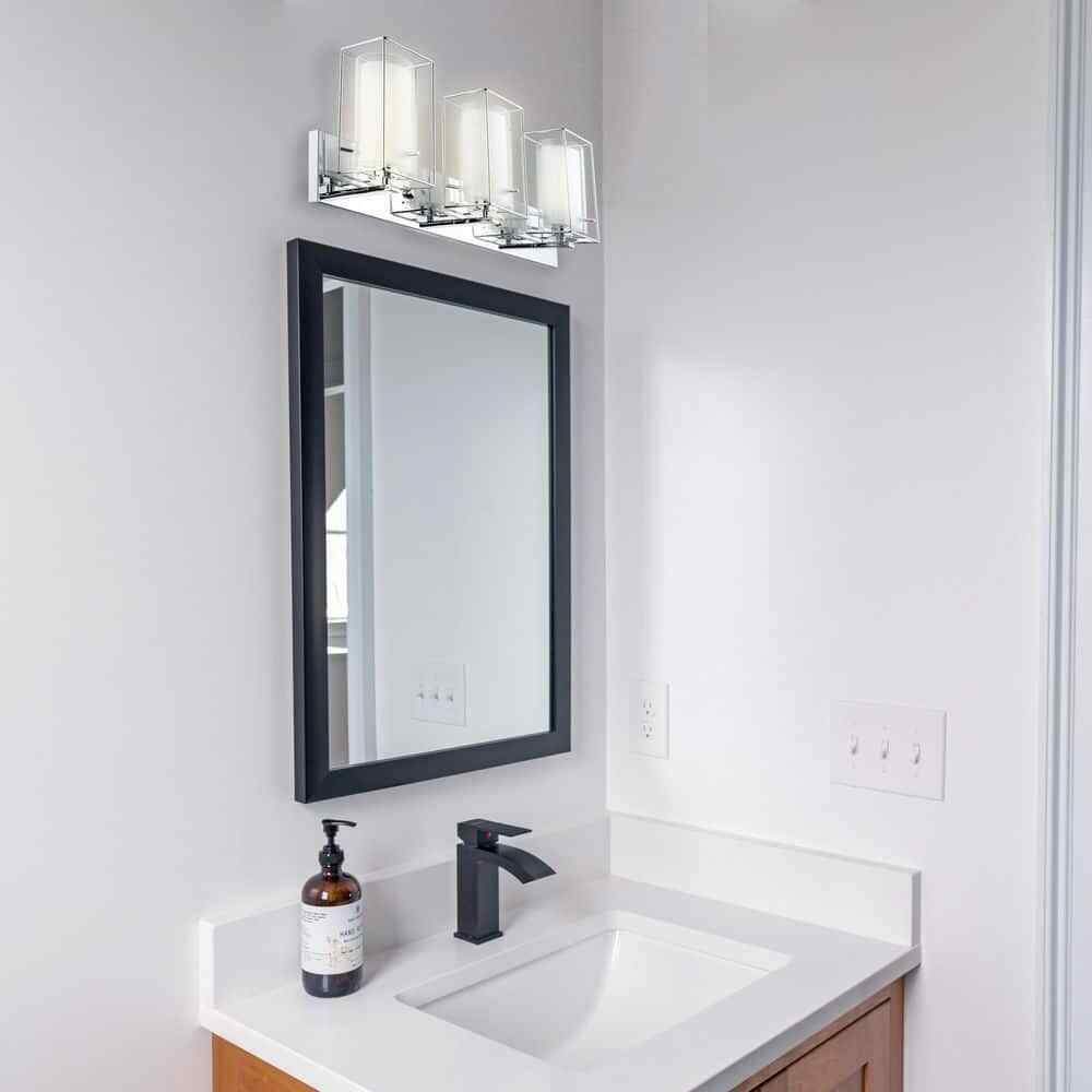 Eglo Iride 3-Light 25″ Chrome Bathroom Vanity Light w/Clear & White Glass Shades