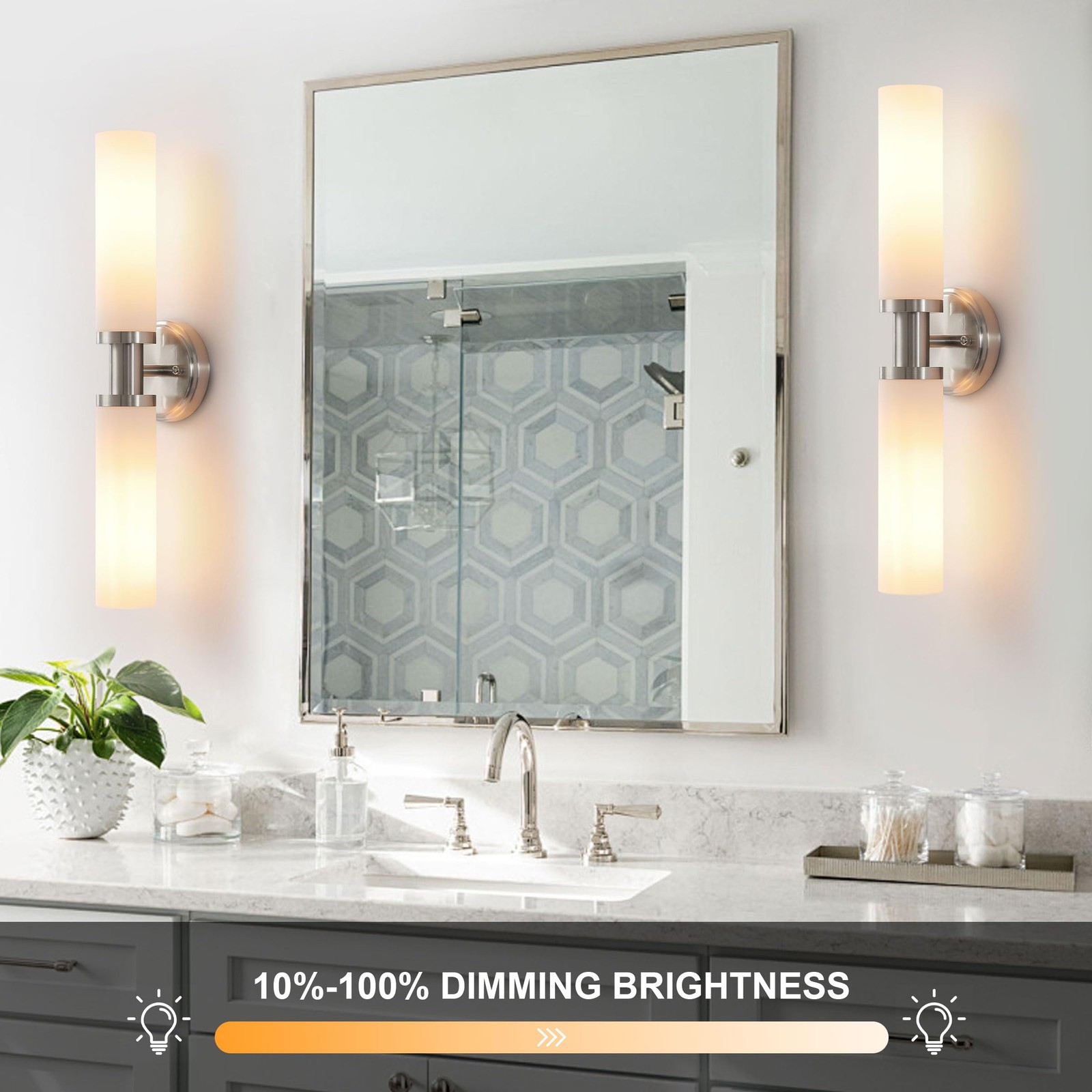 Wall Sconces Set of Two,Brushed Nickel Bathroom Sconces Wall Lighting with White