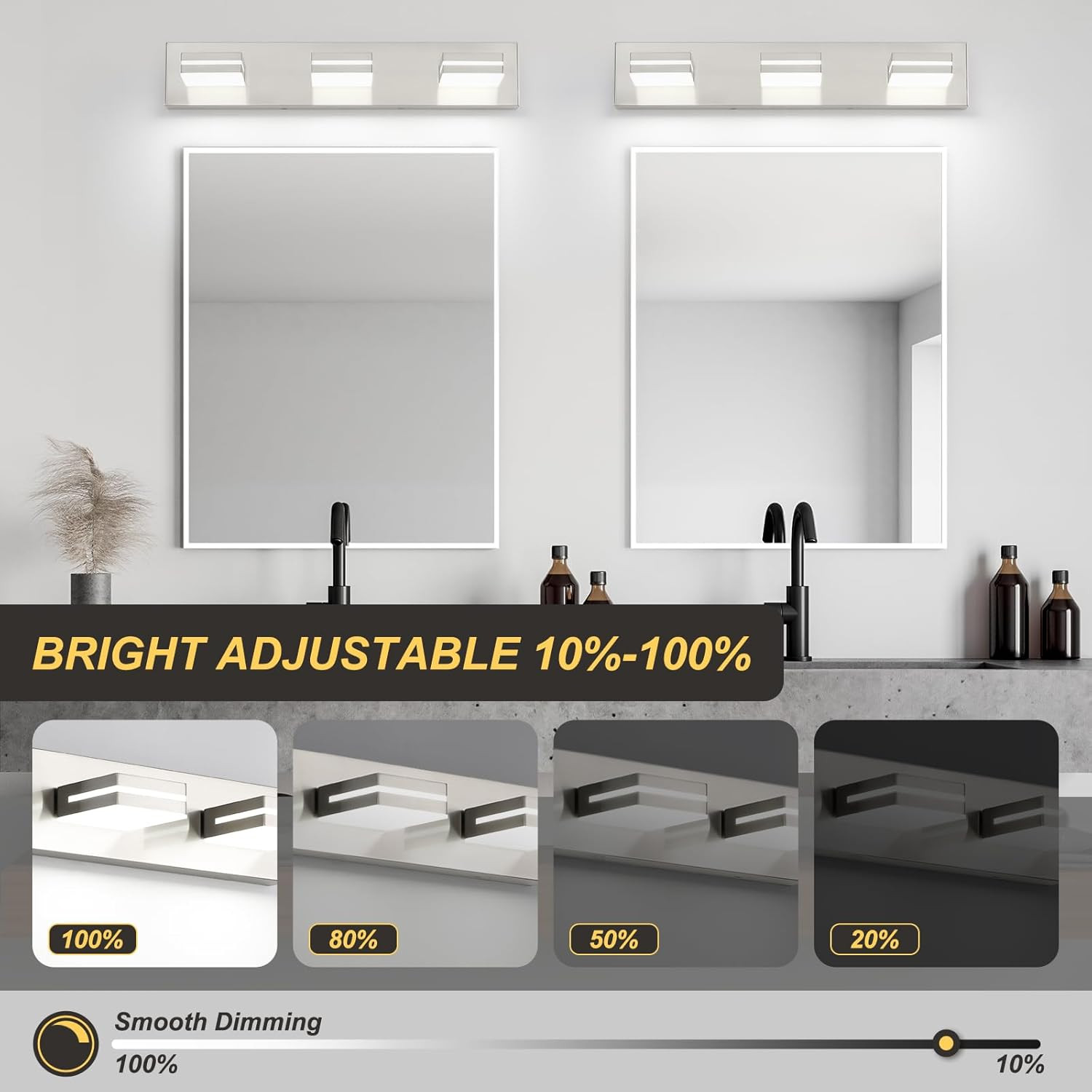 3 Light Bathroom Vanity Light Brushed Nickel Modern 24W LED Dimmable Vanity Ligh