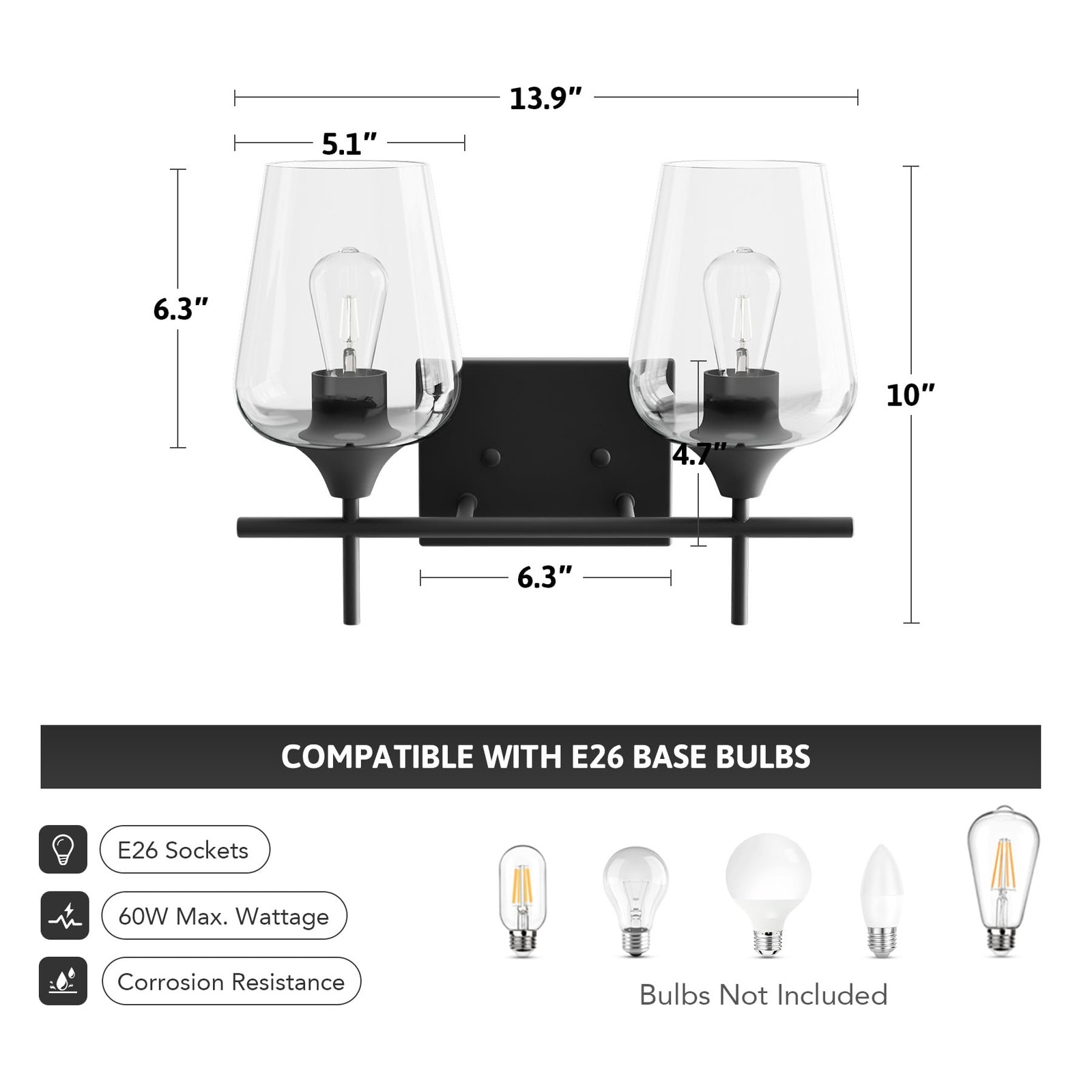 VONLUCE 2-Light Vanity Light in Matt Black Finish, Vintage Farmhouse Mirror Ligh