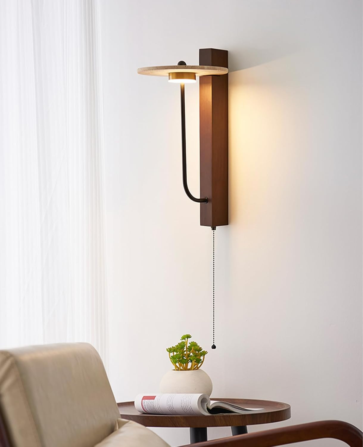 Yellow Travertine Wall Sconce, 15.7″ Japanese Vintage Wabi Sabi Light Fixture wi