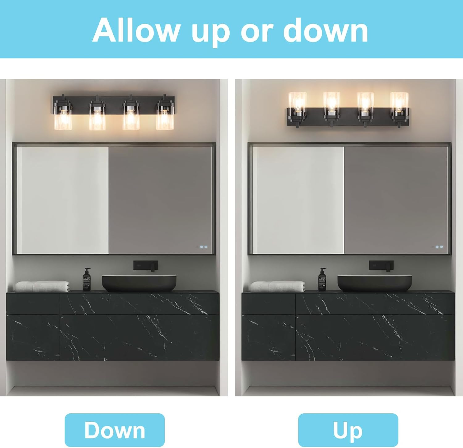 Modern 4-Light Black Vanity Fixture with Square Clear Glass Shades