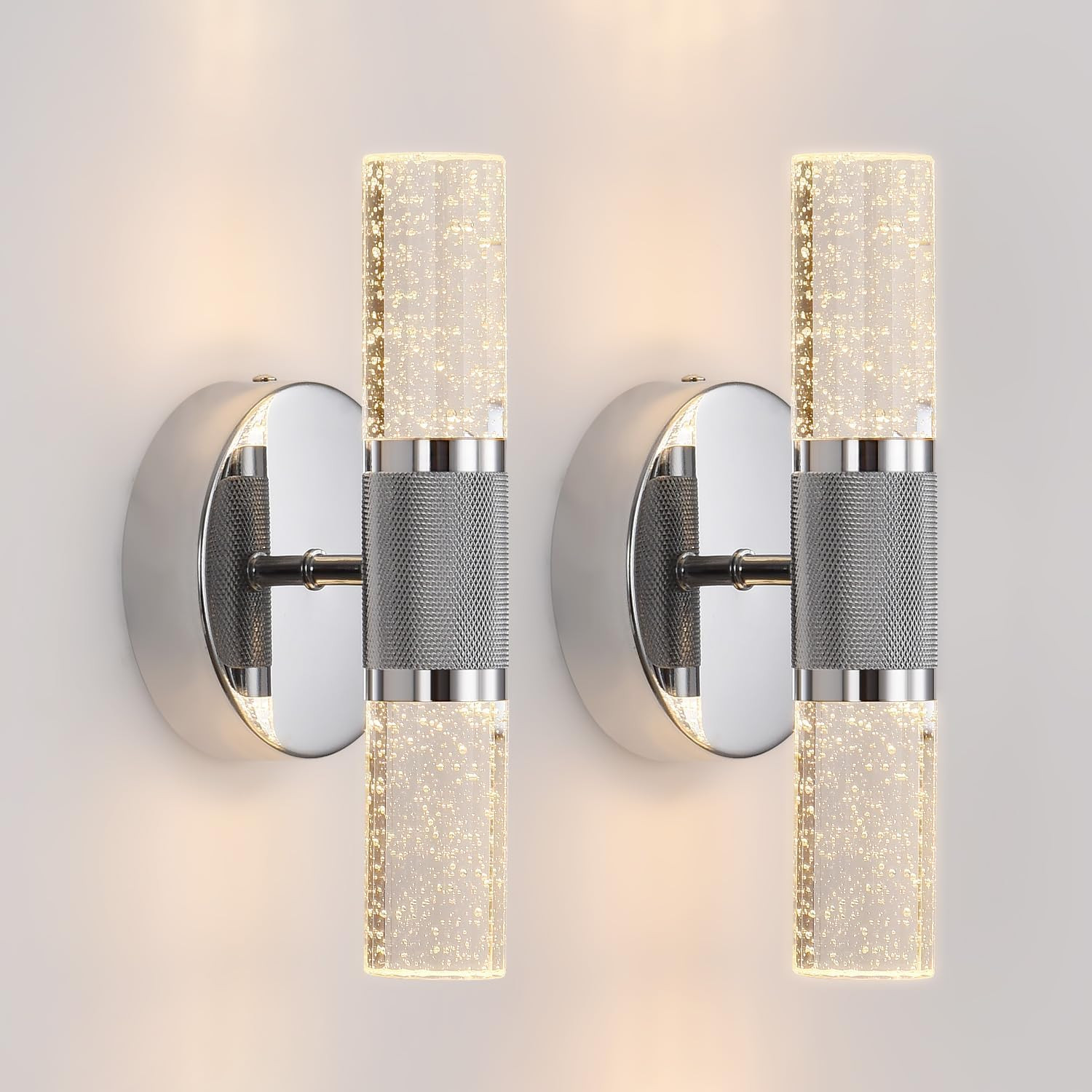 Wall Sconces Set of 2, Chrome 10W Dimmable LED Crystal Bathroom Vanity Lights