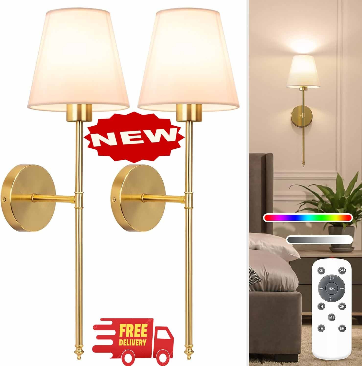 Juego de 2 apliques de pared recargables a pilas, color dorado, con bombillas re